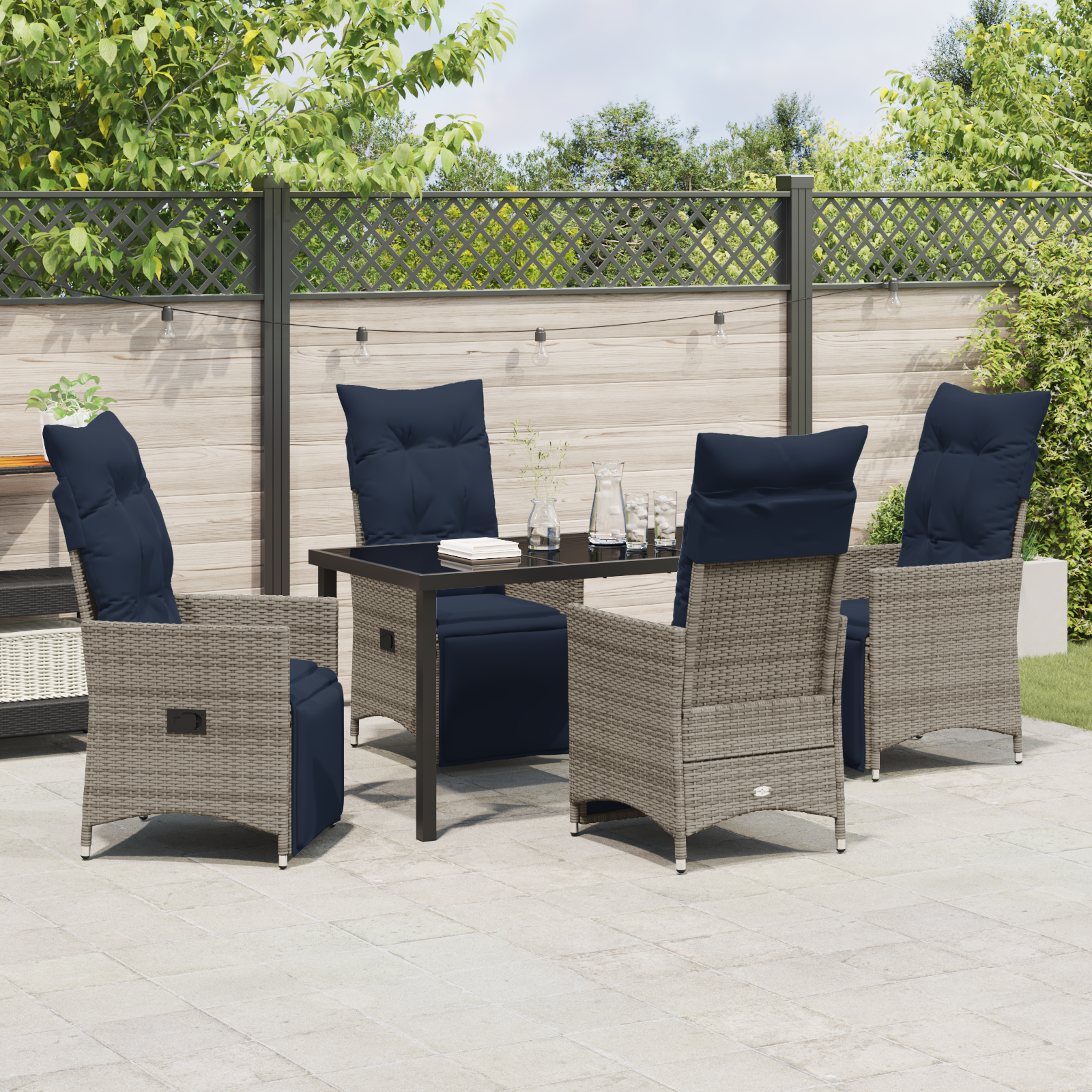 Set dining  cu 5 piese cu perne gri ratan poliester, Masă grădină  neagră 140x80x73 cm sticlă securizată GartenMobel Dekor