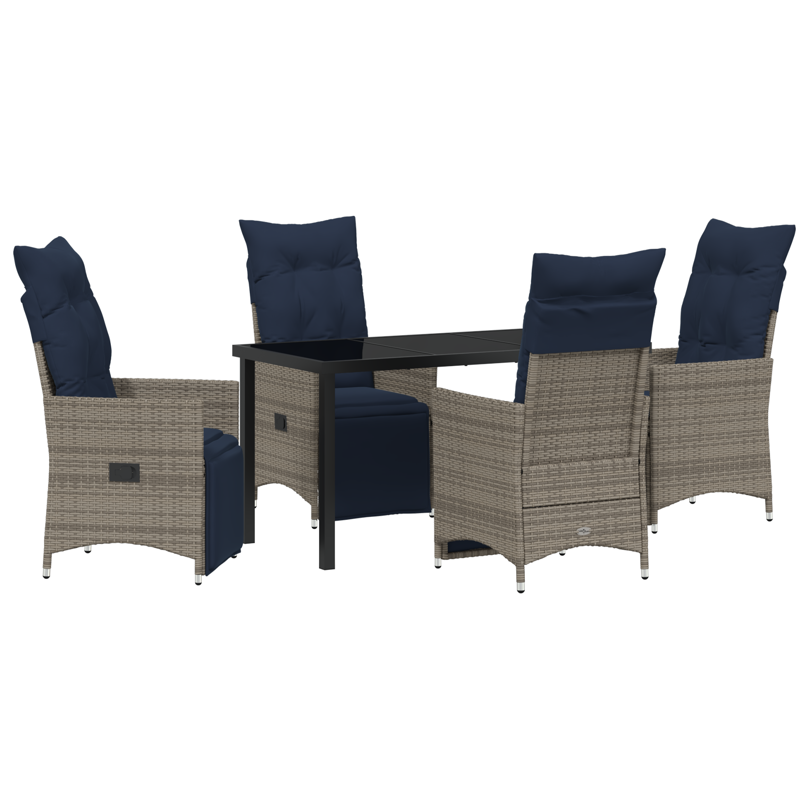 Set dining  cu 5 piese cu perne gri ratan poliester, Masă grădină  neagră 140x80x73 cm sticlă securizată GartenMobel Dekor