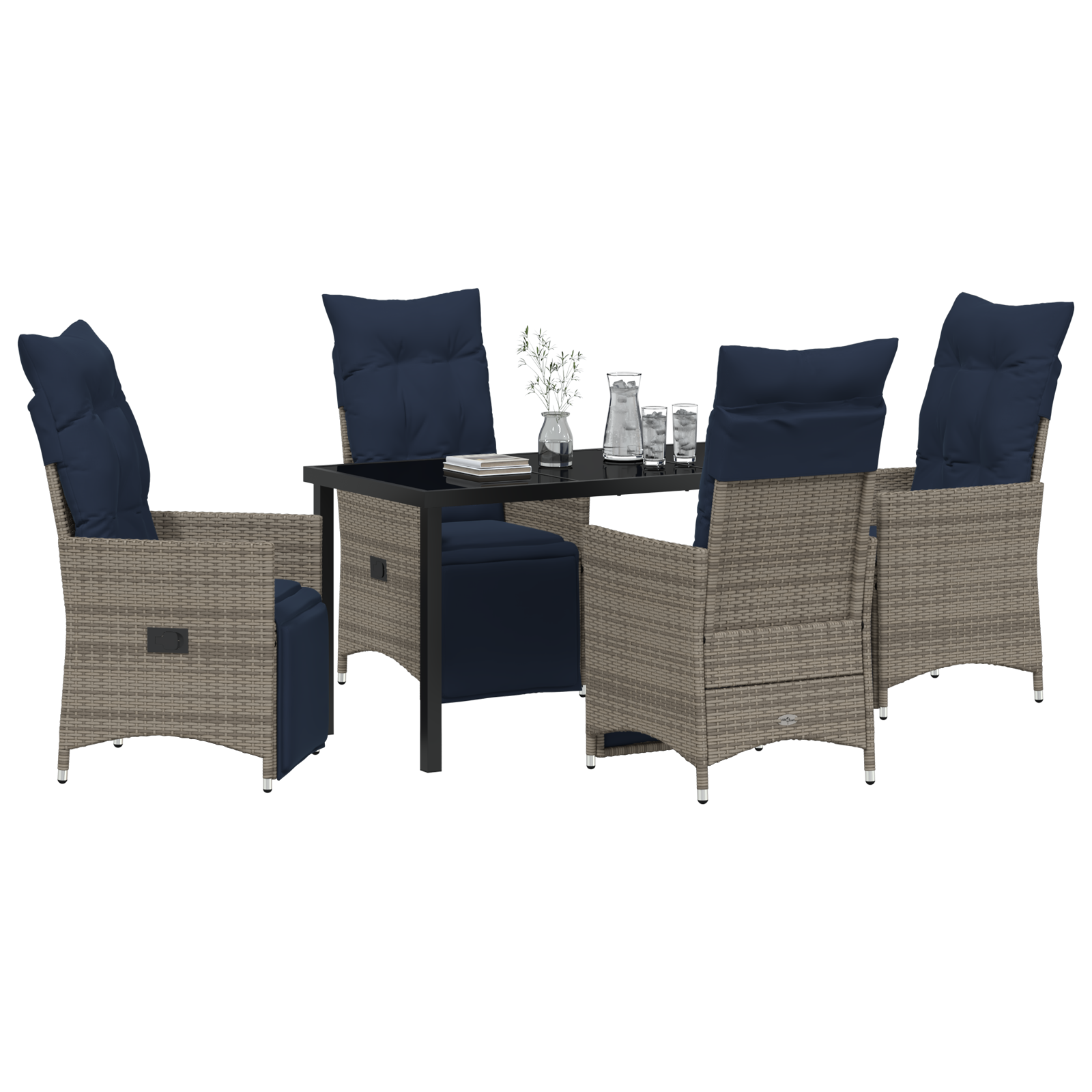 Set dining  cu 5 piese cu perne gri ratan poliester, Masă grădină  neagră 140x80x73 cm sticlă securizată GartenMobel Dekor