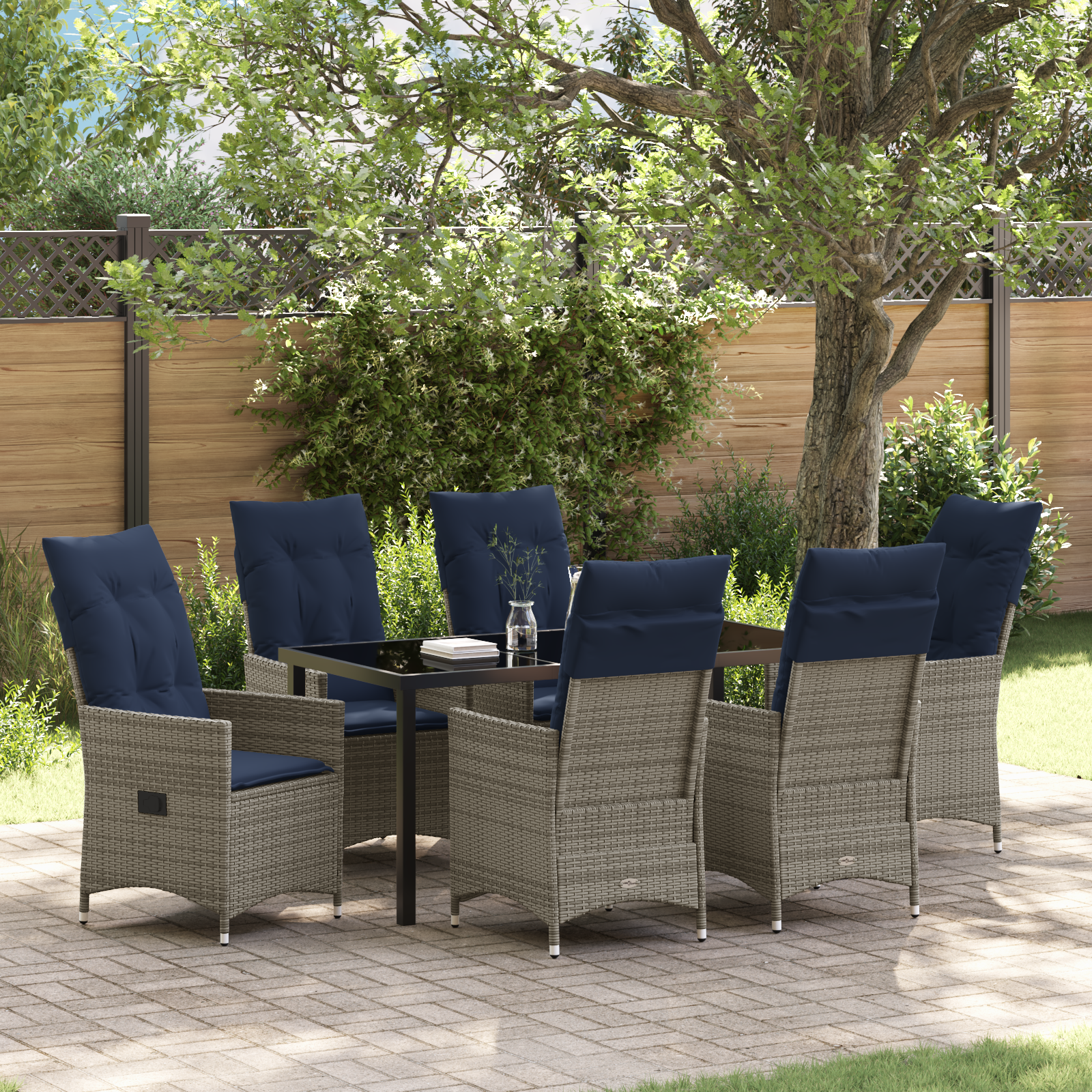 Set grădină  7 piese cu perne din ratan gri, Masă grădină  neagră 160x80x73 cm din sticlă securizată GartenMobel Dekor