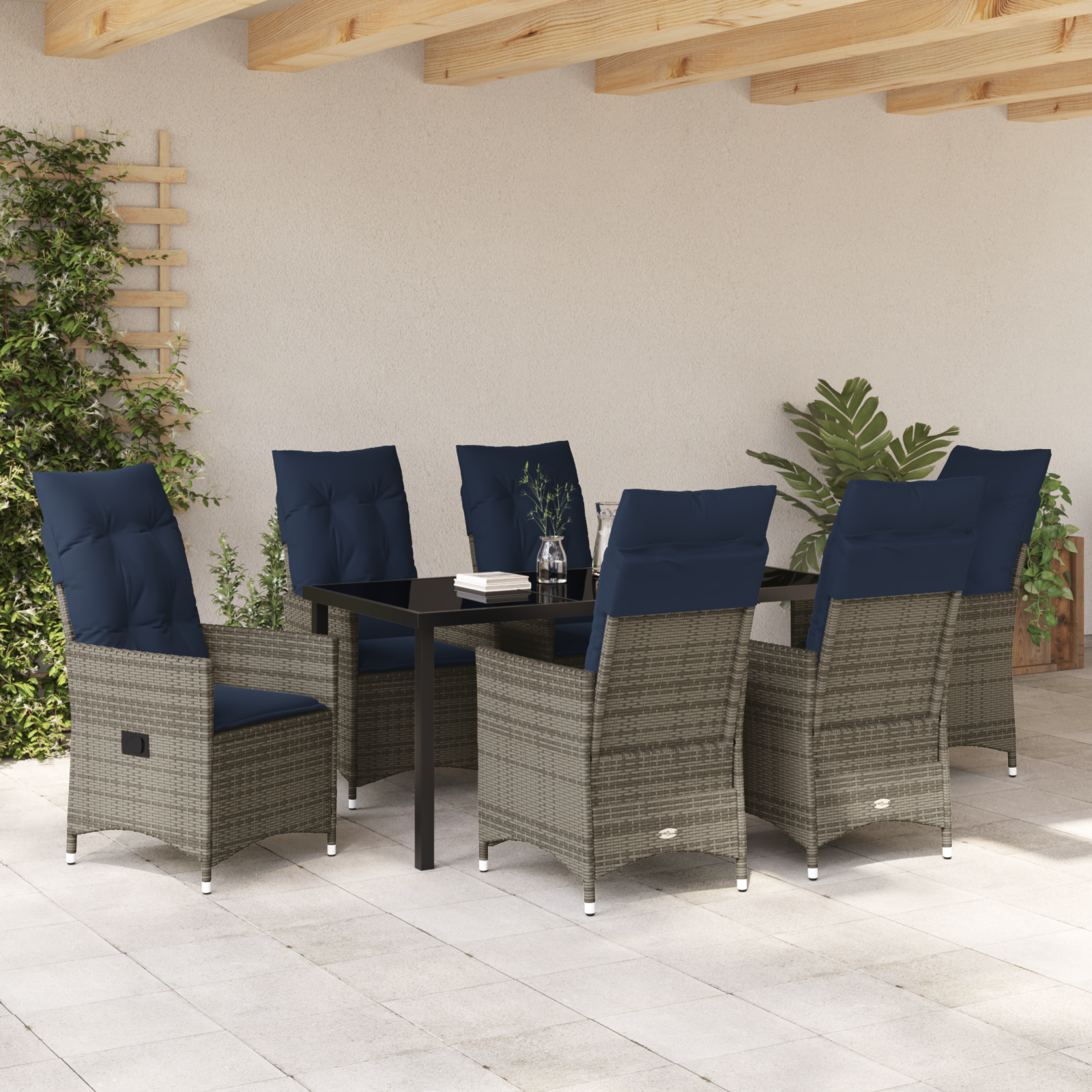 Set grădină  7 piese cu perne din ratan gri, Masă grădină  neagră 160x80x73 cm din sticlă securizată GartenMobel Dekor