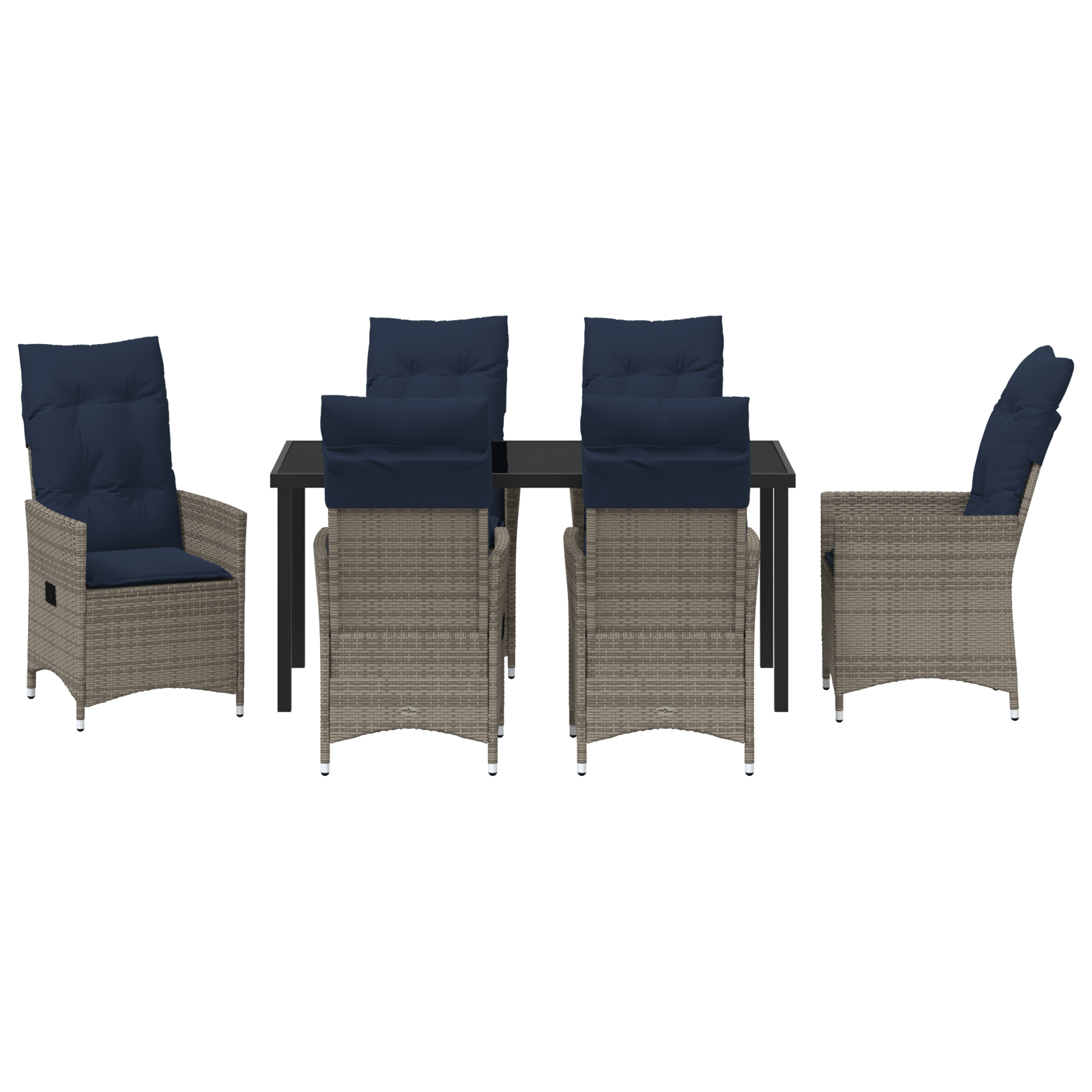 Set grădină  7 piese cu perne din ratan gri, Masă grădină  neagră 160x80x73 cm din sticlă securizată GartenMobel Dekor