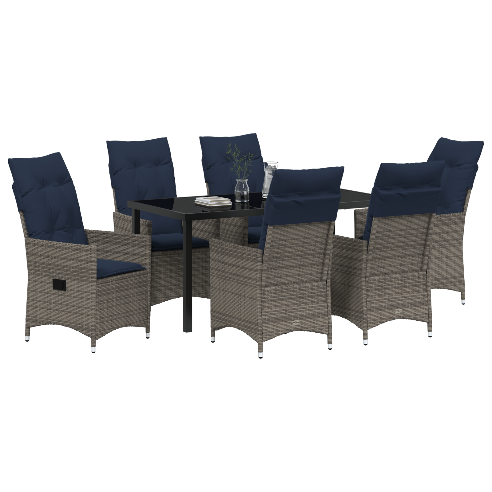 Set grădină  7 piese cu perne din ratan gri, Masă grădină  neagră 160x80x73 cm din sticlă securizată GartenMobel Dekor