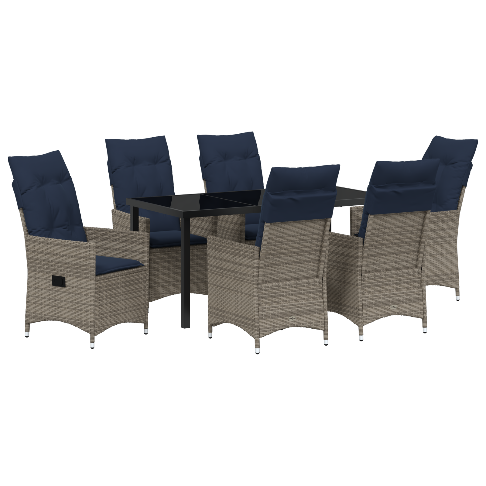 Set grădină  7 piese cu perne din ratan gri, Masă grădină  neagră 160x80x73 cm din sticlă securizată GartenMobel Dekor