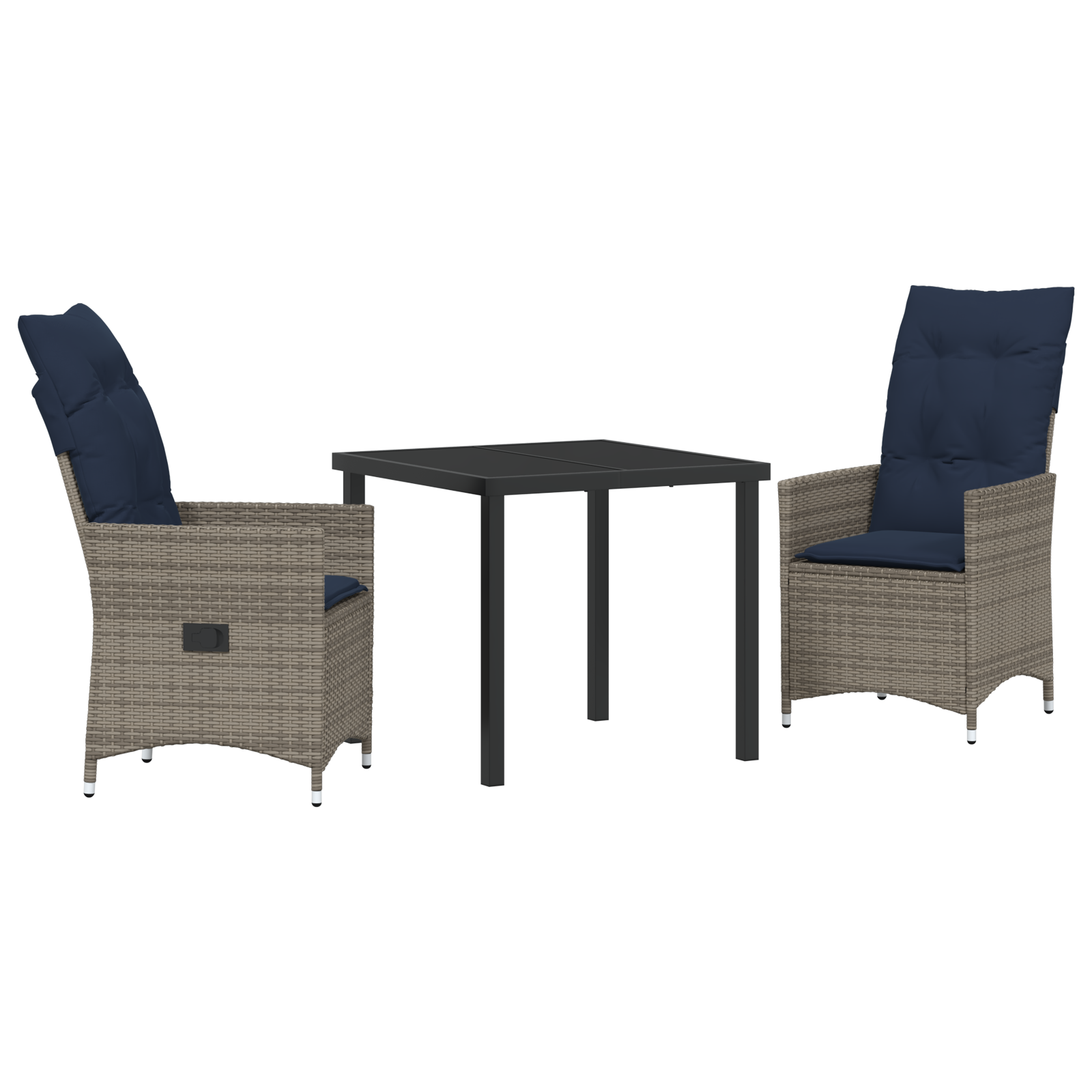 Set mese grădină  de 3 piese cu perne Ratan gri poliester, Masă grădină  neagră 80x80x73 cm cu sticlă securizată GartenMobel Dekor