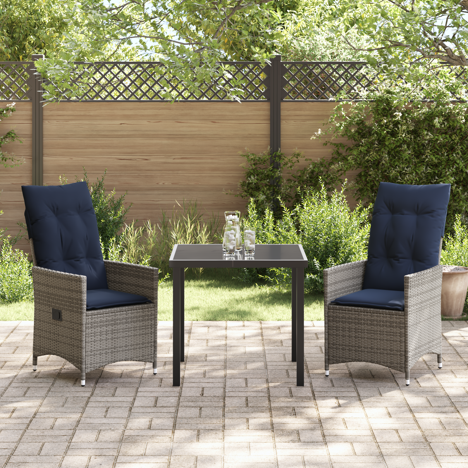 Set mese grădină  de 3 piese cu perne Ratan gri poliester, Masă grădină  neagră 80x80x73 cm cu sticlă securizată GartenMobel Dekor