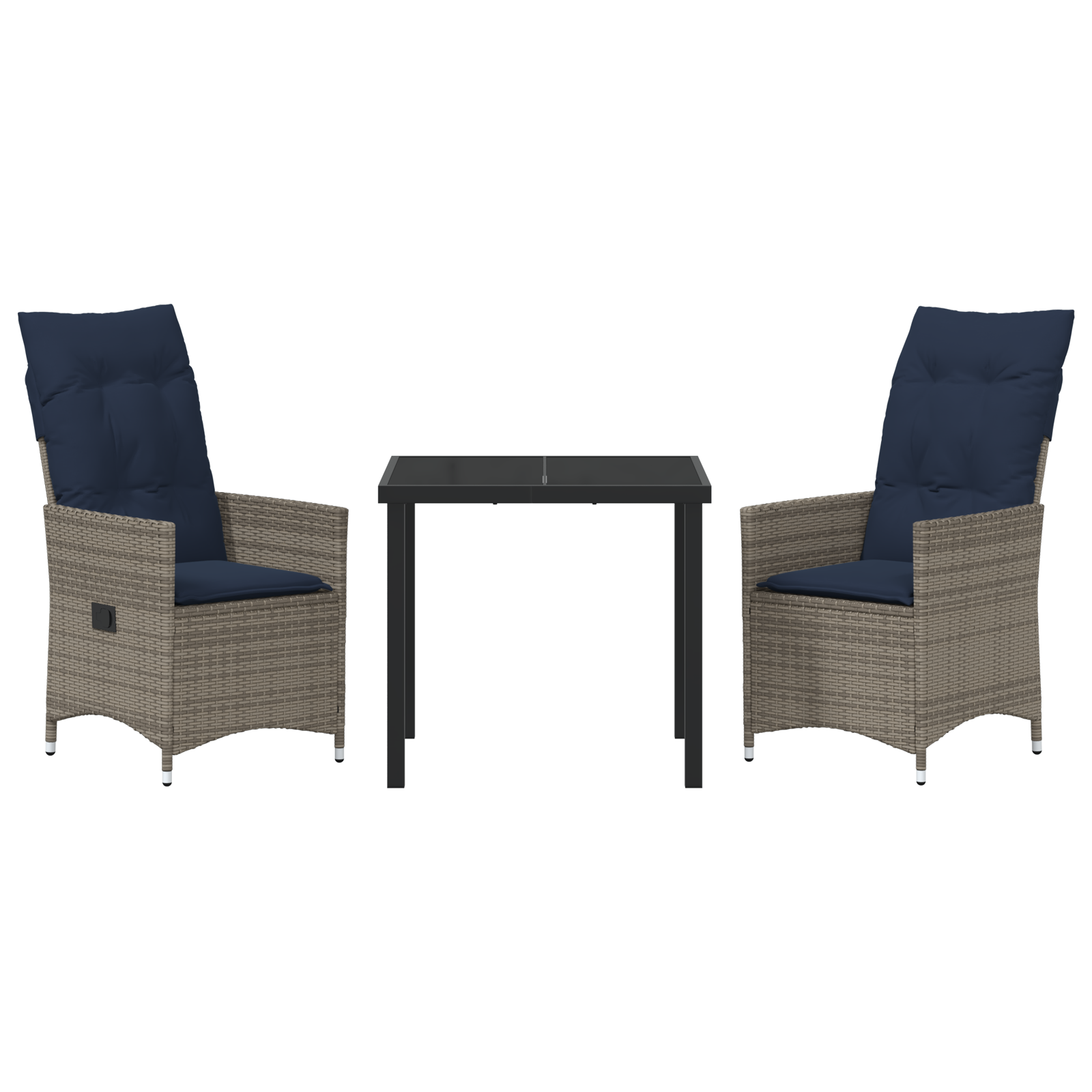 Set mese grădină  de 3 piese cu perne Ratan gri poliester, Masă grădină  neagră 80x80x73 cm cu sticlă securizată GartenMobel Dekor