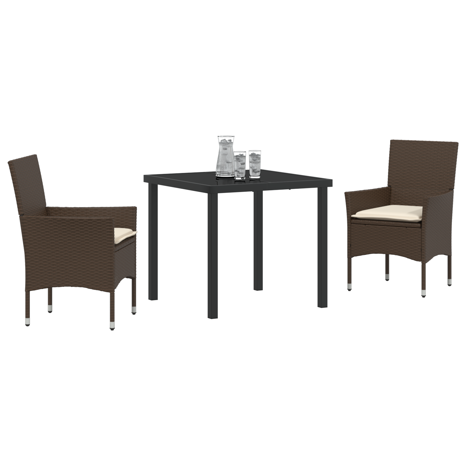 Set Masă Grădină  3 Piese cu Perne Ratan Maro, Masă Grădină  Neagră 80x80x73 cm Sticlă Temperată GartenMobel Dekor