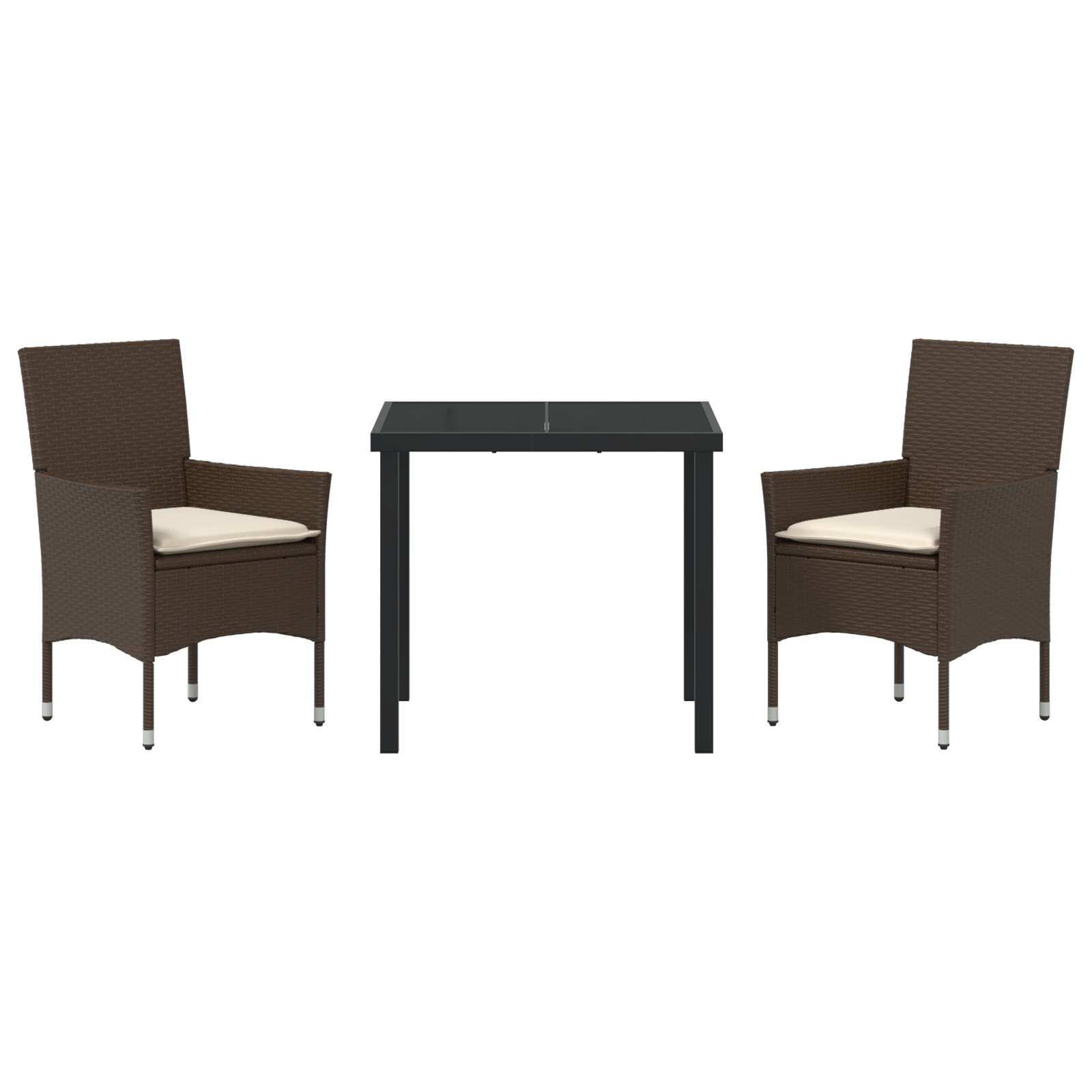 Set Masă Grădină  3 Piese cu Perne Ratan Maro, Masă Grădină  Neagră 80x80x73 cm Sticlă Temperată GartenMobel Dekor