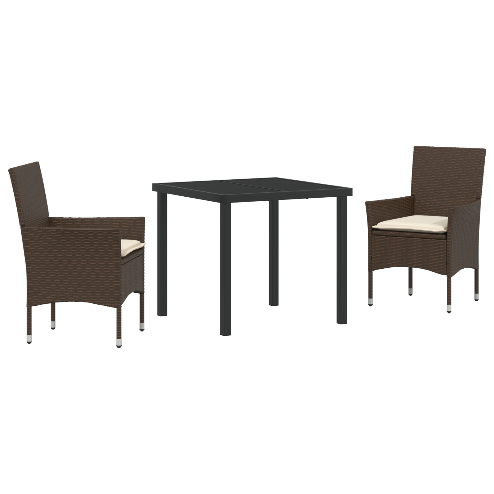 Set Masă Grădină  3 Piese cu Perne Ratan Maro, Masă Grădină  Neagră 80x80x73 cm Sticlă Temperată GartenMobel Dekor