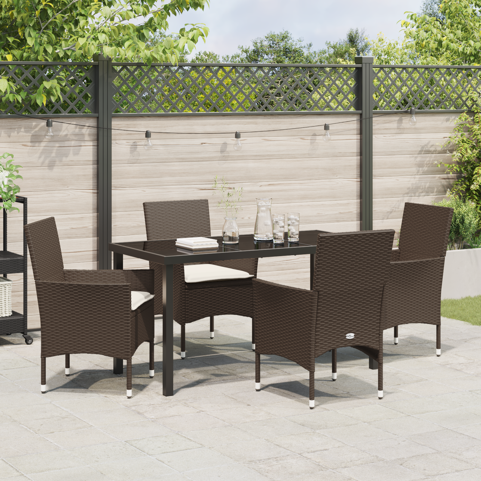 Set de Dining 5 Piese pentru Grădină  cu Perne Ratan Sintetic Maro, Masă Grădină  Neagră 140x80x73 cm Sticlă Securizată GartenMobel Dekor