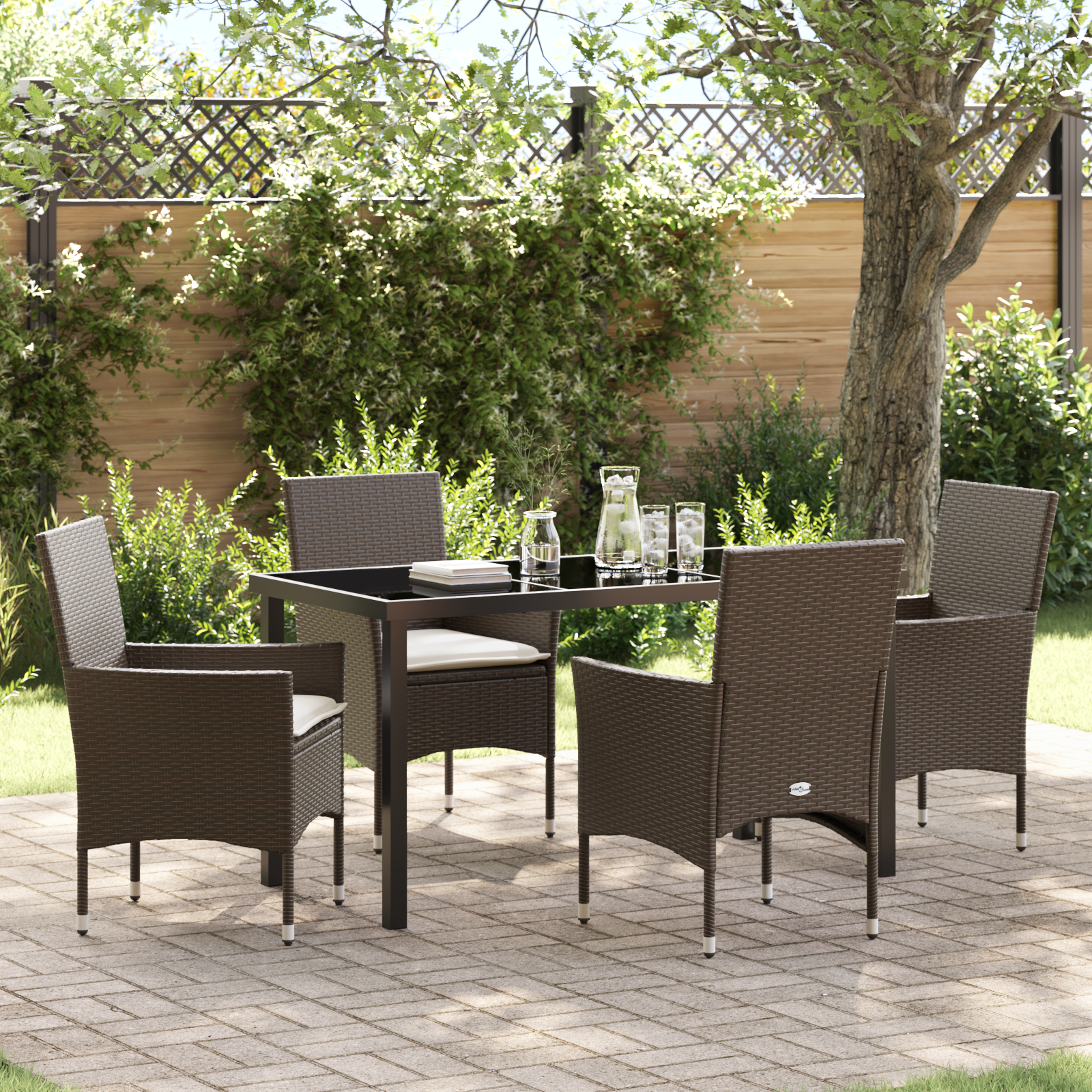 Set de Dining 5 Piese pentru Grădină  cu Perne Ratan Sintetic Maro, Masă Grădină  Neagră 140x80x73 cm Sticlă Securizată GartenMobel Dekor