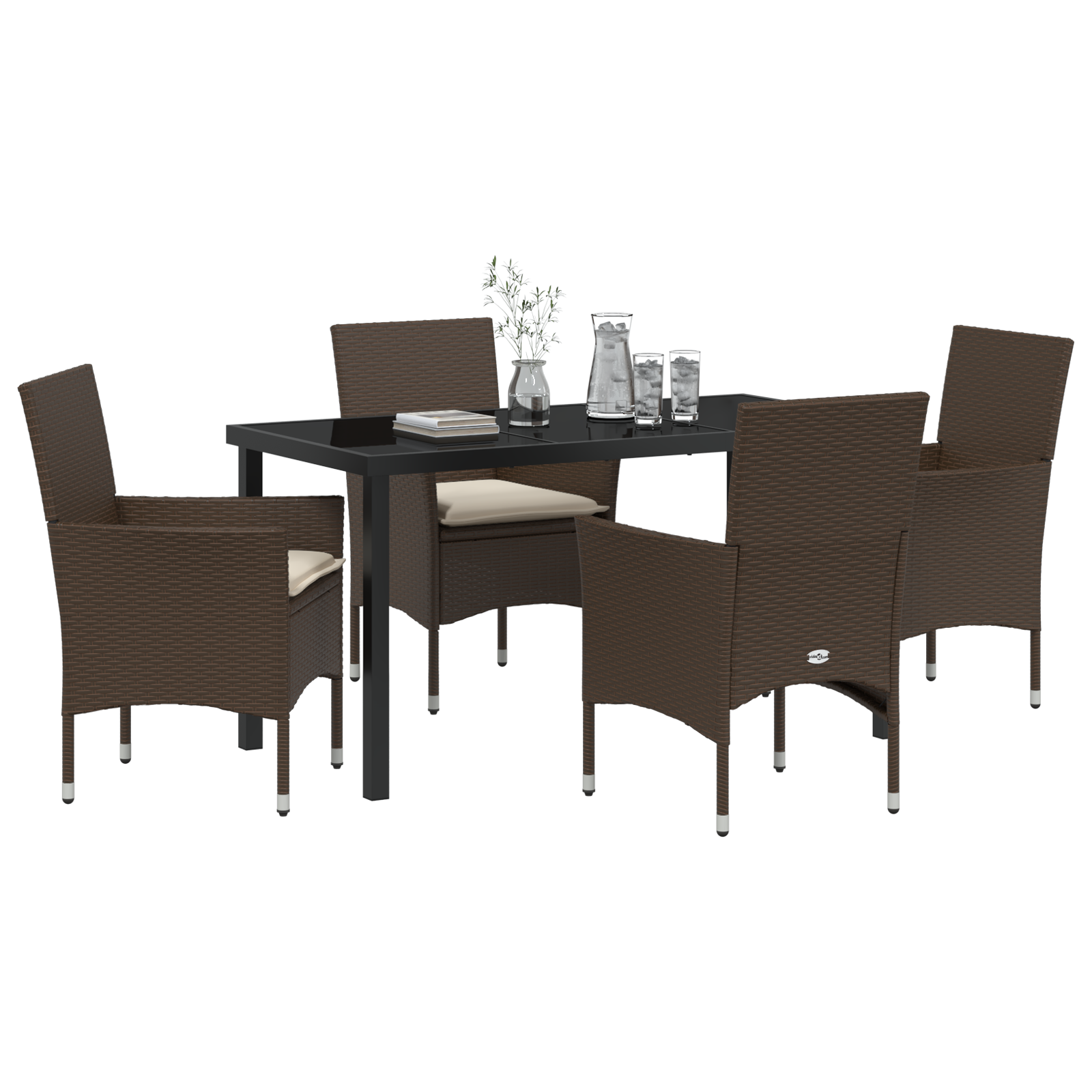 Set de Dining 5 Piese pentru Grădină  cu Perne Ratan Sintetic Maro, Masă Grădină  Neagră 140x80x73 cm Sticlă Securizată GartenMobel Dekor