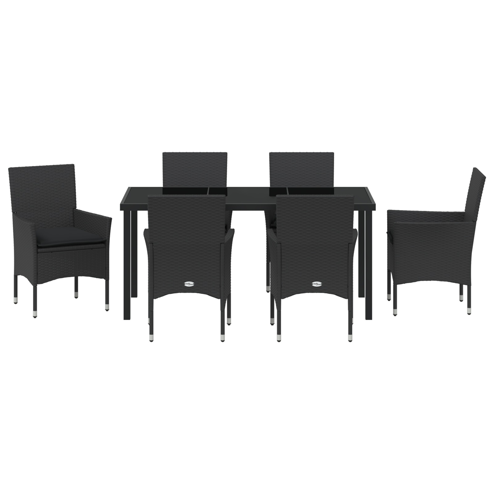 Set de Dining pentru Grădină  7 Piese cu Perne Poliratan Negru, Masa Grădinii  Neagră 160x80x73 cm Sticlă Temperată GartenMobel Dekor