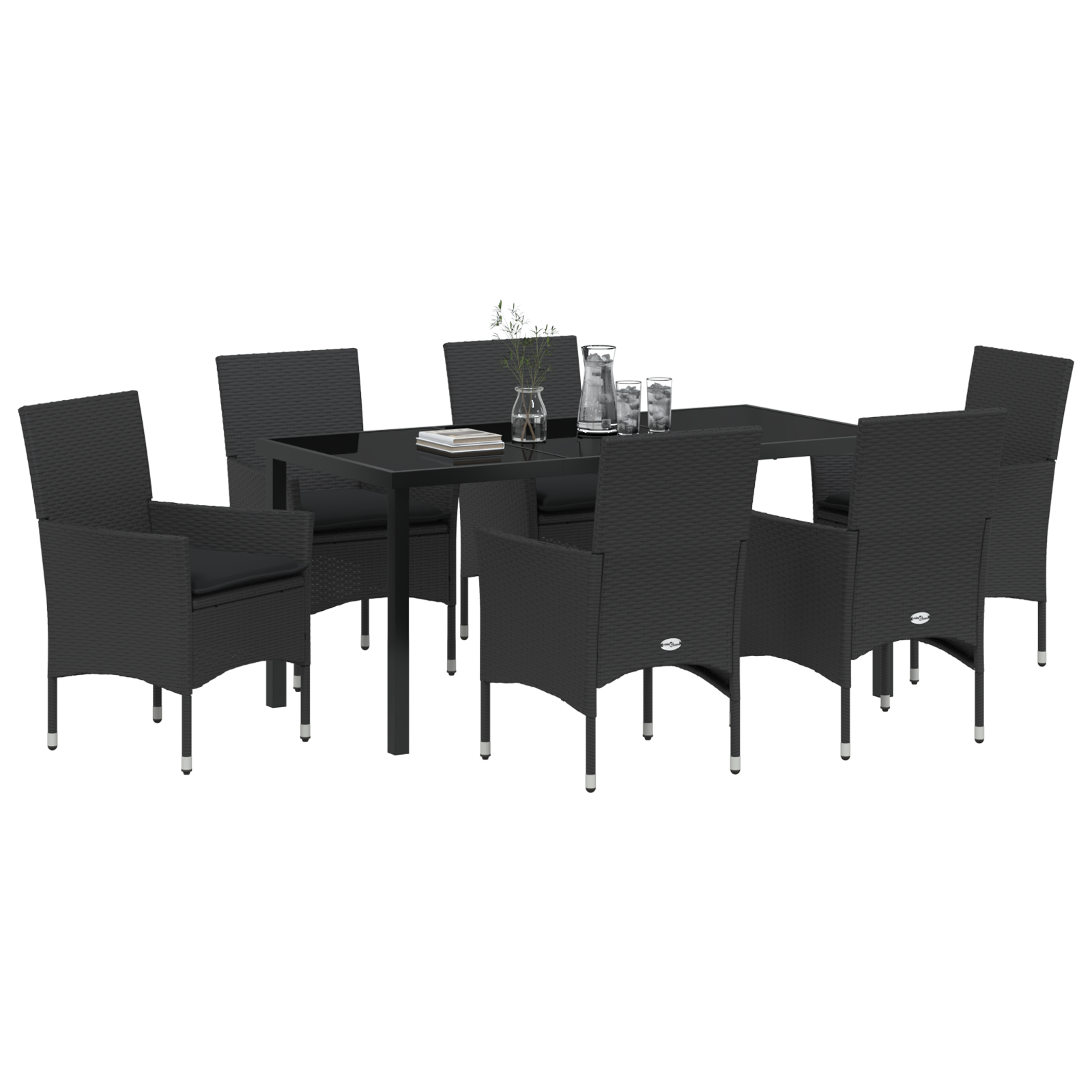 Set de Dining pentru Grădină  7 Piese cu Perne Poliratan Negru, Masa Grădinii  Neagră 160x80x73 cm Sticlă Temperată GartenMobel Dekor