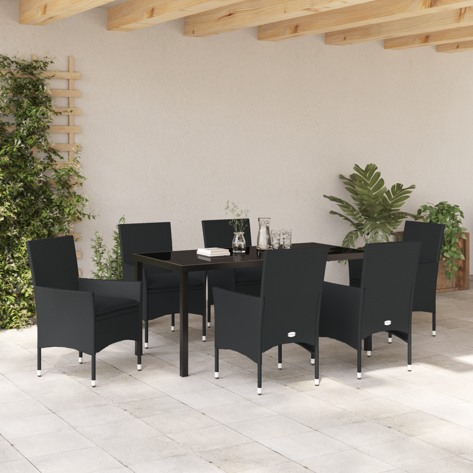 Set de Dining pentru Grădină  7 Piese cu Perne Poliratan Negru, Masa Grădinii  Neagră 160x80x73 cm Sticlă Temperată GartenMobel Dekor