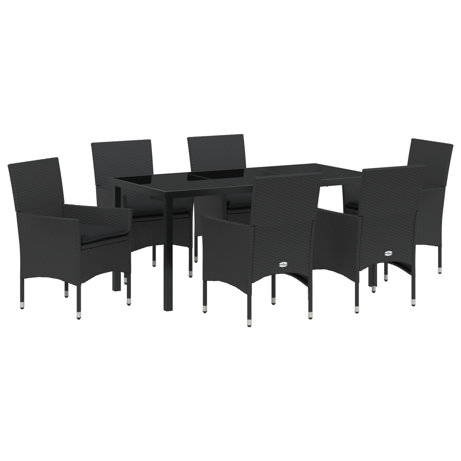 Set de Dining pentru Grădină  7 Piese cu Perne Poliratan Negru, Masa Grădinii  Neagră 160x80x73 cm Sticlă Temperată GartenMobel Dekor