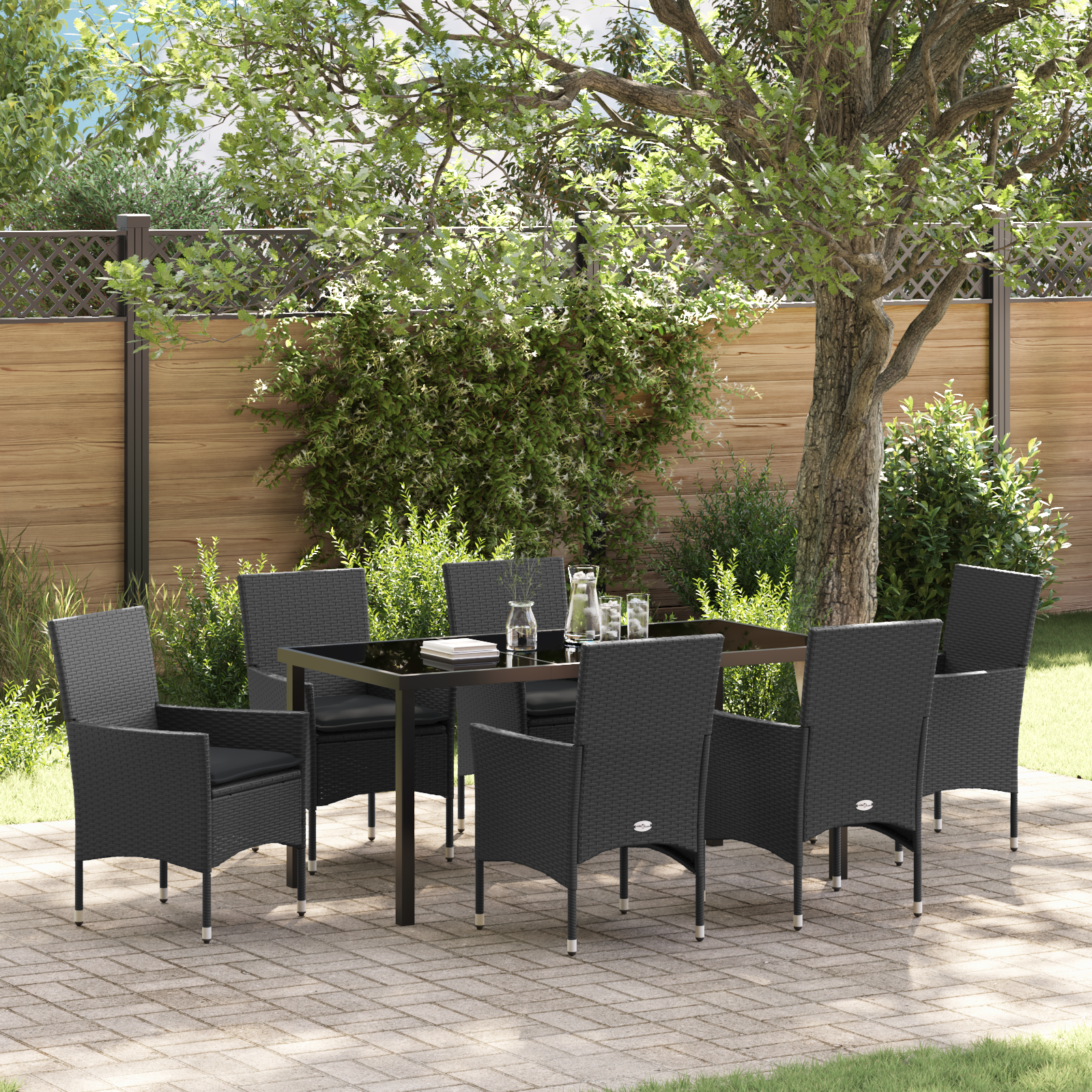 Set de Dining pentru Grădină  7 Piese cu Perne Poliratan Negru, Masa Grădinii  Neagră 160x80x73 cm Sticlă Temperată GartenMobel Dekor