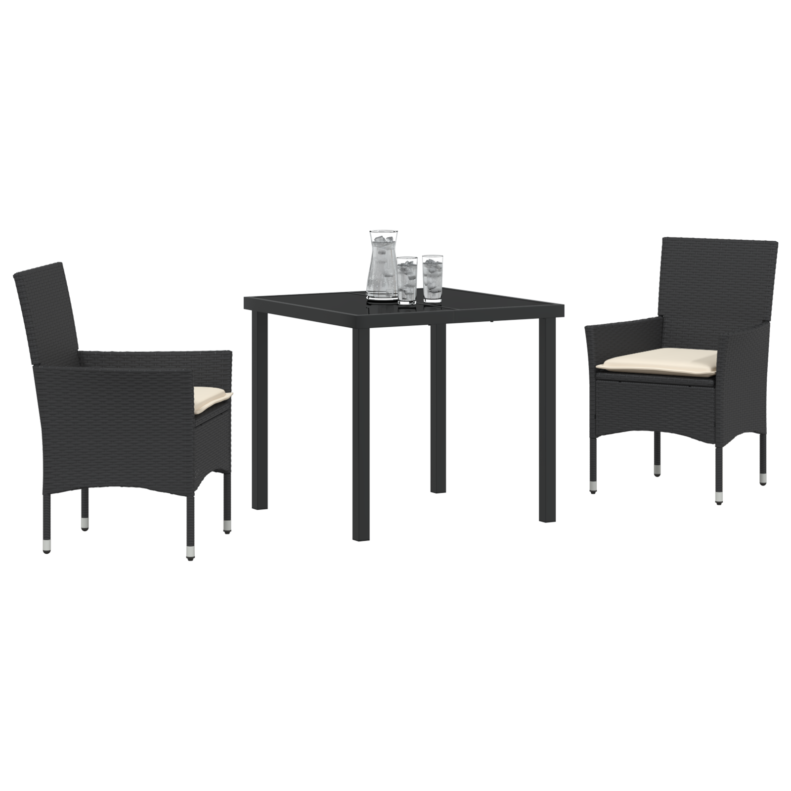 Set de Masă pentru Grădină  cu Perne Ratan Sintetic Negru, Masa  Neagră 80x80x73 cm cu Sticlă Temperată GartenMobel Dekor