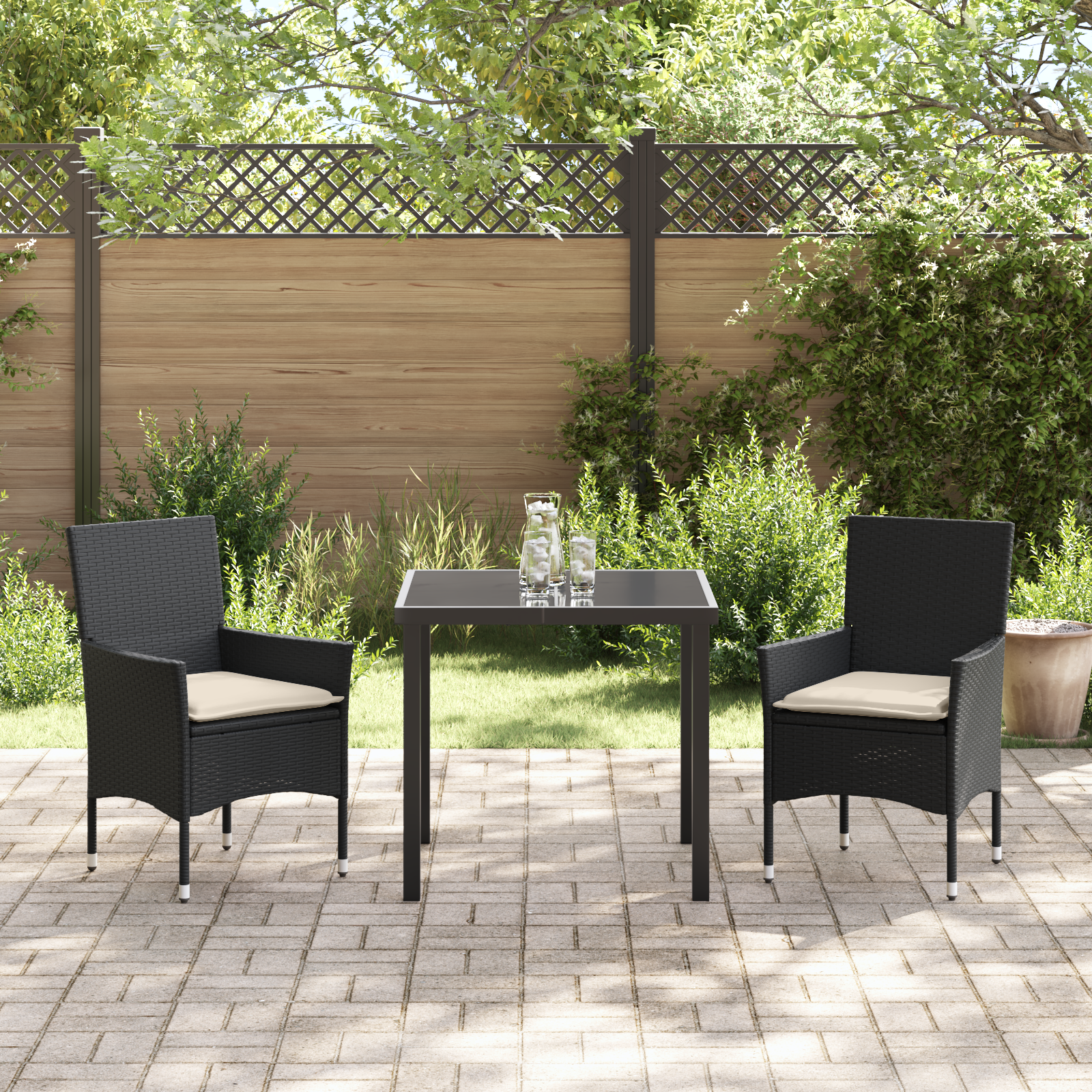 Set de Masă pentru Grădină  cu Perne Ratan Sintetic Negru, Masa  Neagră 80x80x73 cm cu Sticlă Temperată GartenMobel Dekor