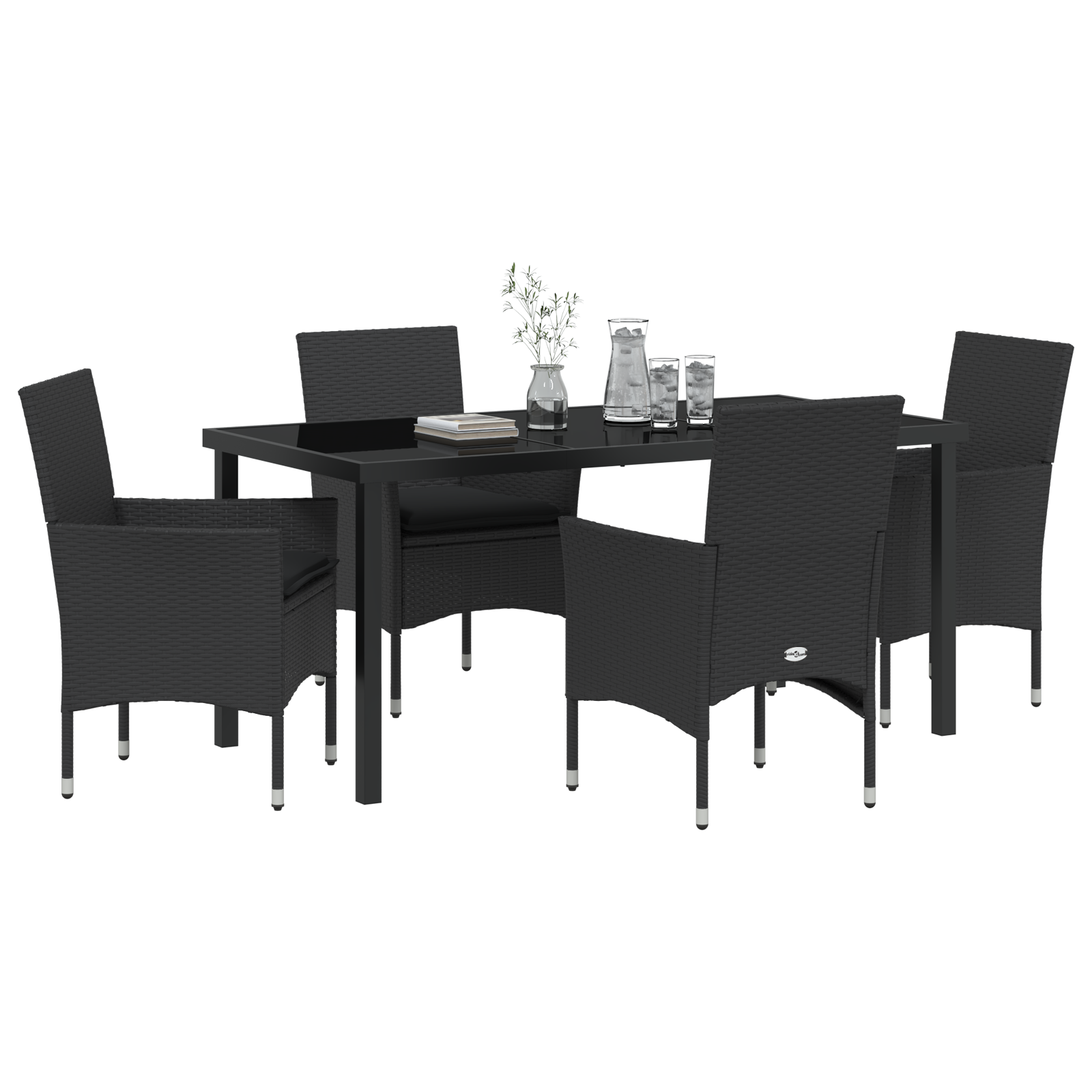 Set de Masa pentru Grădină cu 5 Piese cu Perne Poliratan Negru , Masă de Grădină  Neagră 160x80x73 cm cu Sticlă Securizată GartenMobel Dekor