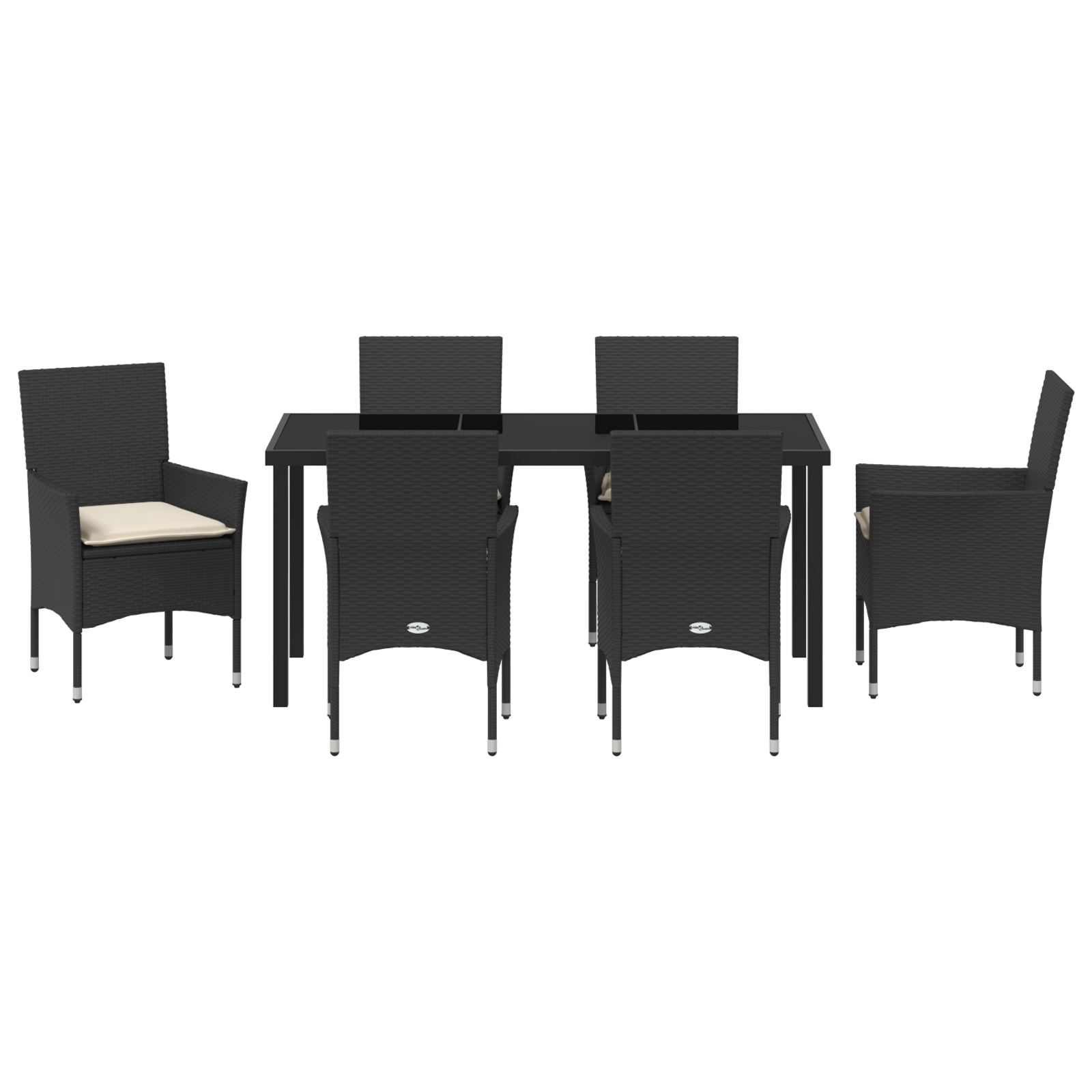 Set de dining grădină  7 piese cu perne Poliratan negru, Masă de grădină  Neagră 160x80x73 cm Sticlă securizată GartenMobel Dekor