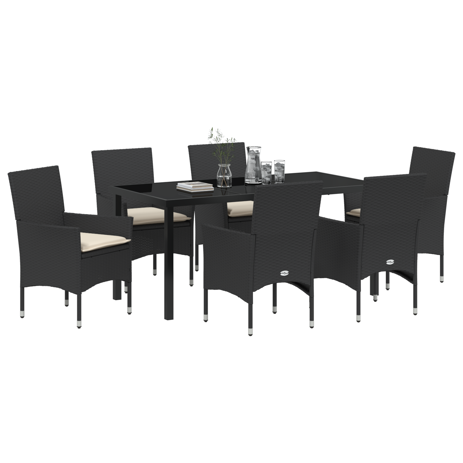 Set de dining grădină  7 piese cu perne Poliratan negru, Masă de grădină  Neagră 160x80x73 cm Sticlă securizată GartenMobel Dekor