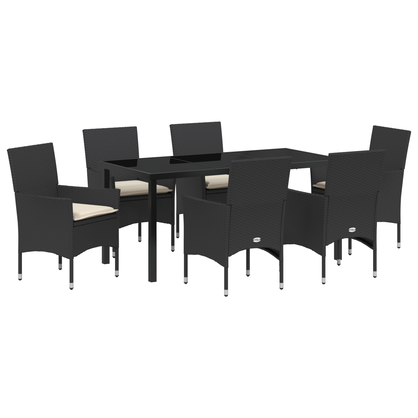 Set de dining grădină  7 piese cu perne Poliratan negru, Masă de grădină  Neagră 160x80x73 cm Sticlă securizată GartenMobel Dekor