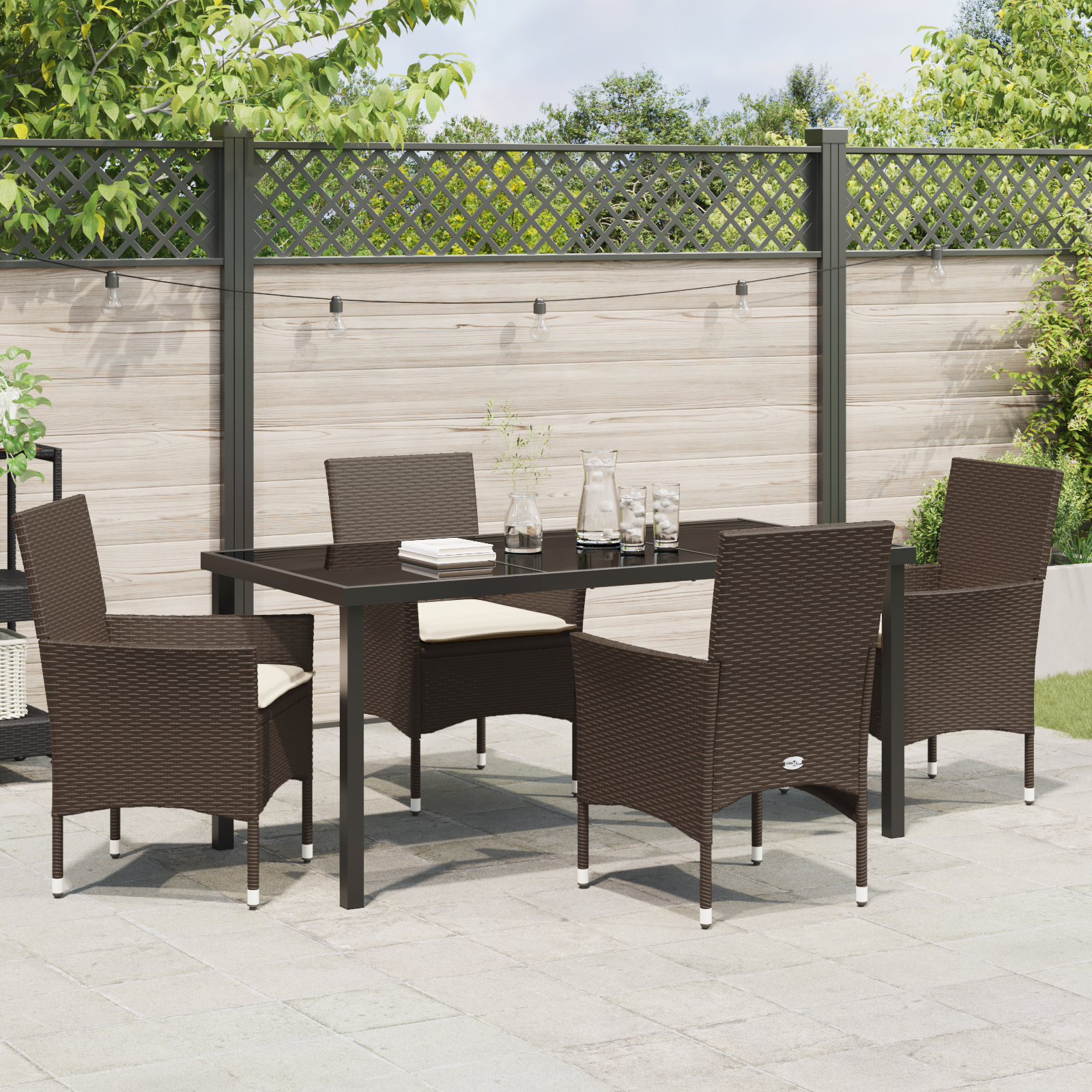 Set de dining pentru grădină de 5 piese cu perne din poliratan maro , Masă de grădină  Neagră 160x80x73 cm cu sticlă securizată GartenMobel Dekor