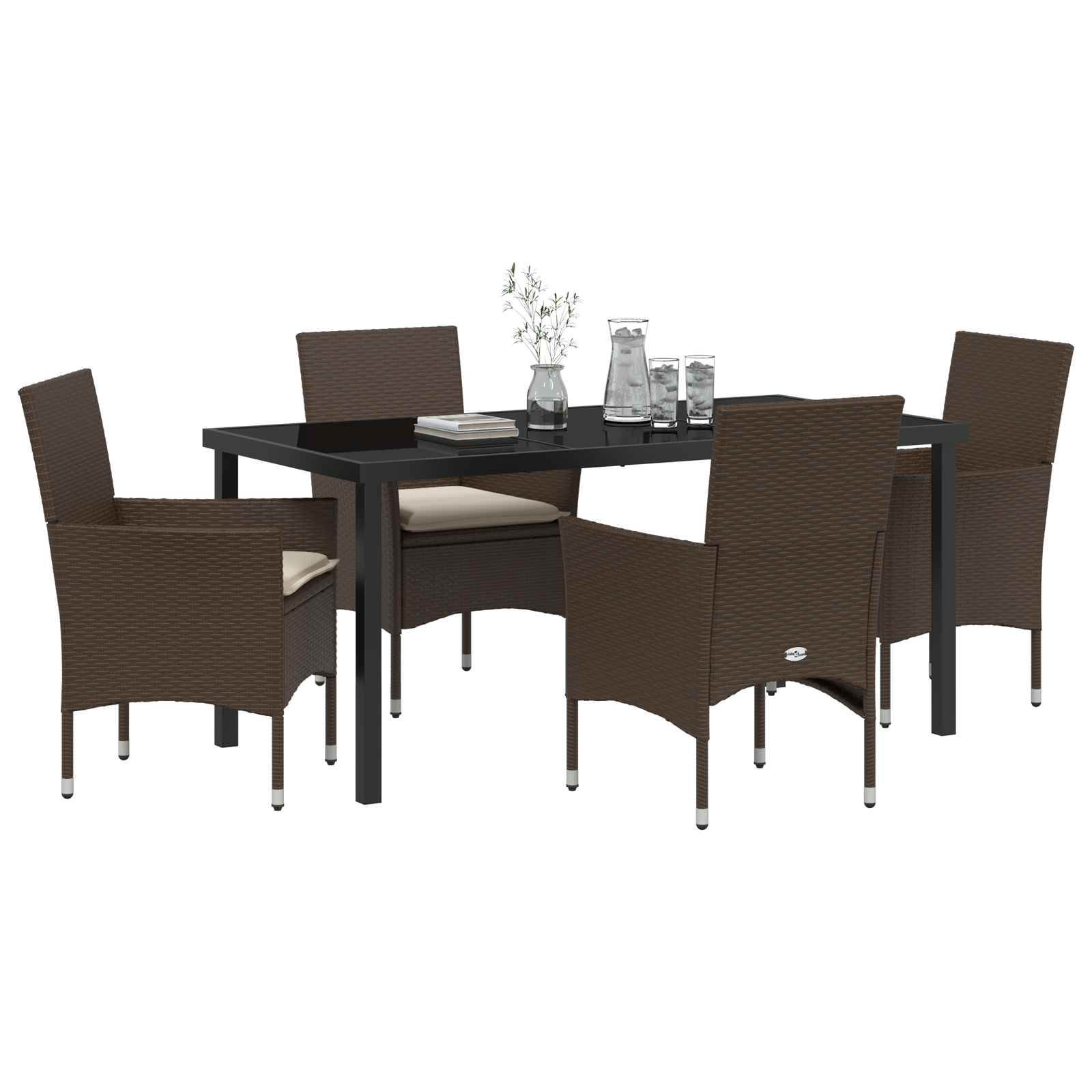 Set de dining pentru grădină de 5 piese cu perne din poliratan maro , Masă de grădină  Neagră 160x80x73 cm cu sticlă securizată GartenMobel Dekor