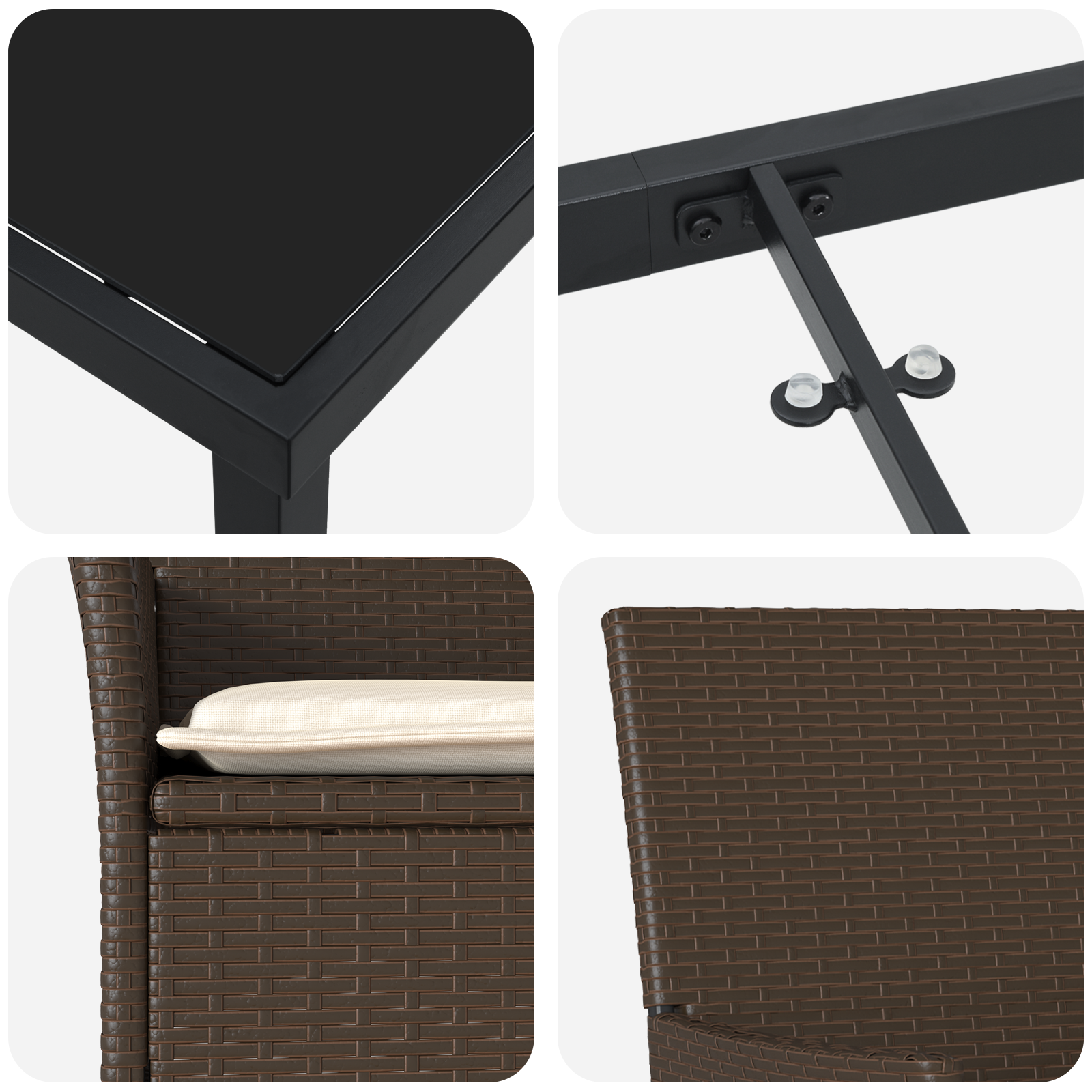 Set de dining pentru grădină de 5 piese cu perne din poliratan maro , Masă de grădină  Neagră 160x80x73 cm cu sticlă securizată GartenMobel Dekor