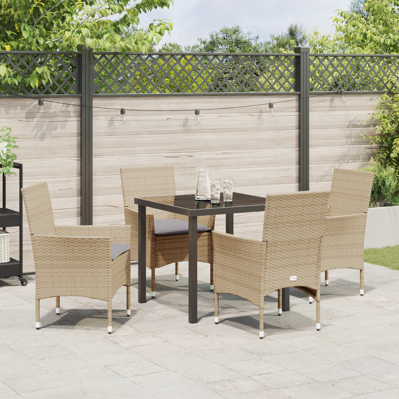 Set masă grădină  cu perne, ratan sintetic bej, Masă grădină  neagră 80x80x73 cm, sticlă securizată GartenMobel Dekor