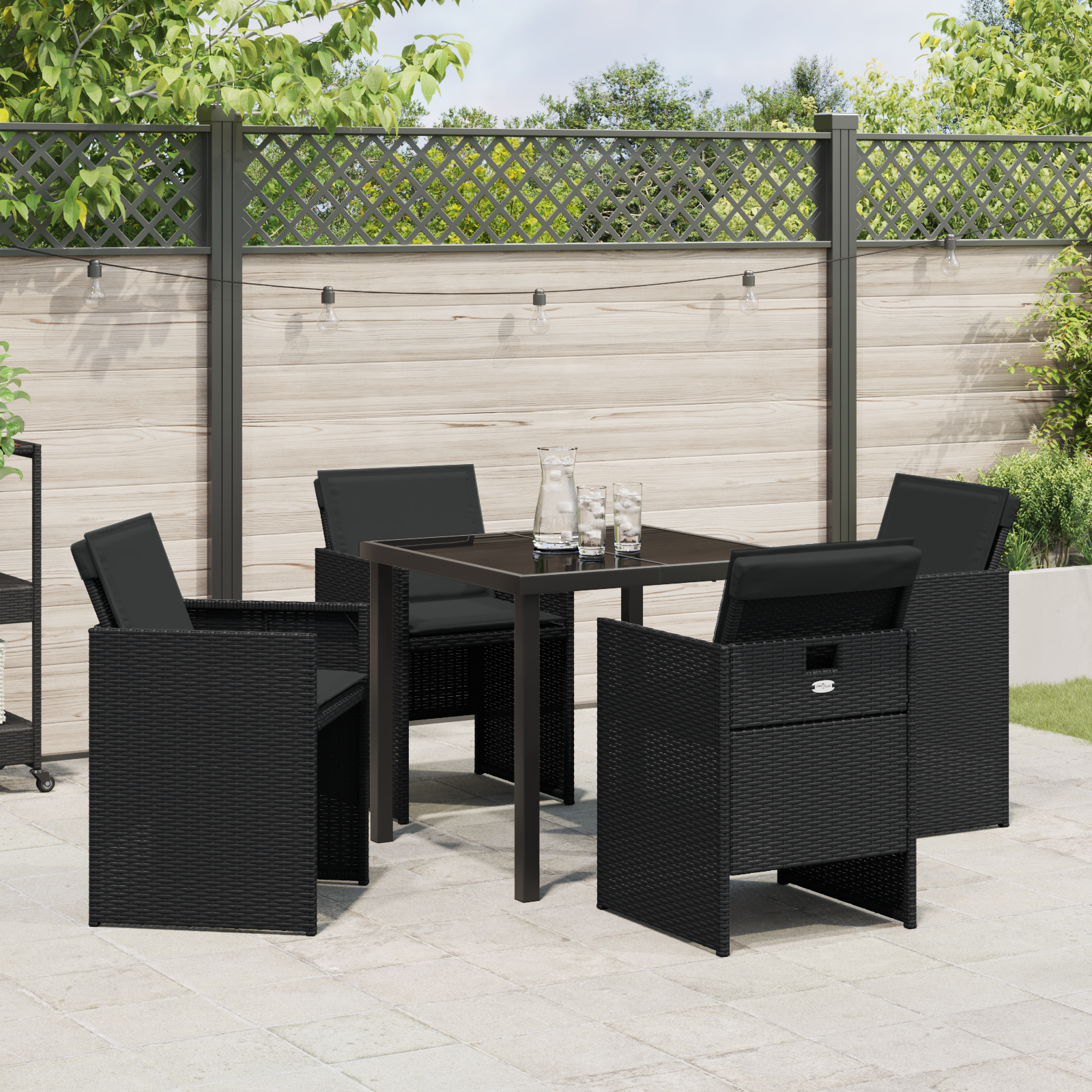 Set de Masă pentru Grădină cu Perne Ratan Poliester Negru GartenMobel Dekor