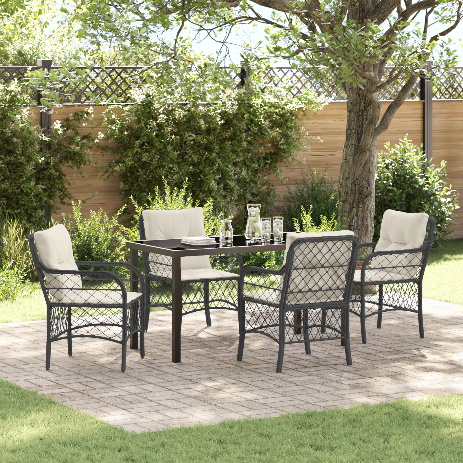 Set de dining pentru grădină cu perne Negre Poliratan GartenMobel Dekor
