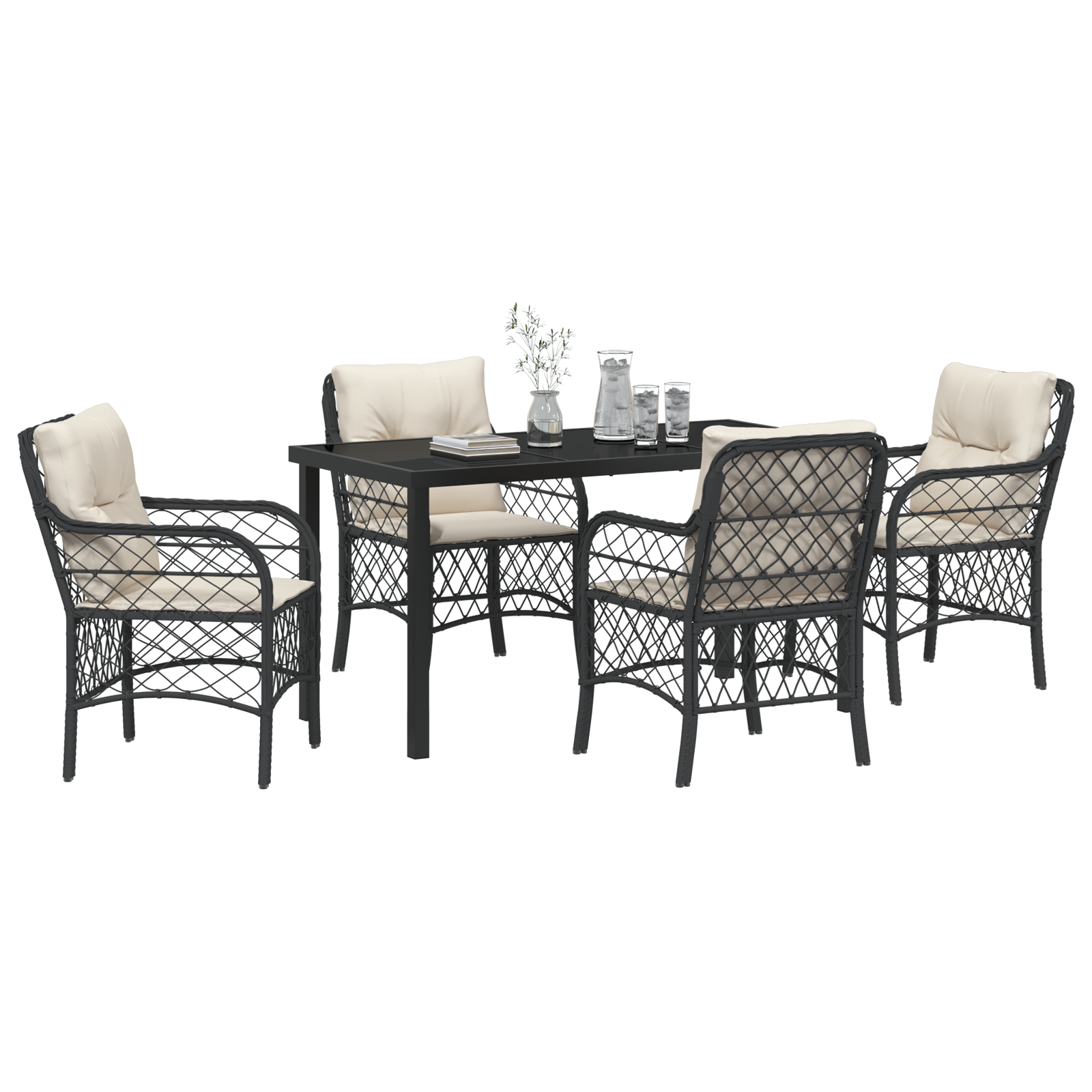 Set de dining pentru grădină cu perne Negre Poliratan GartenMobel Dekor