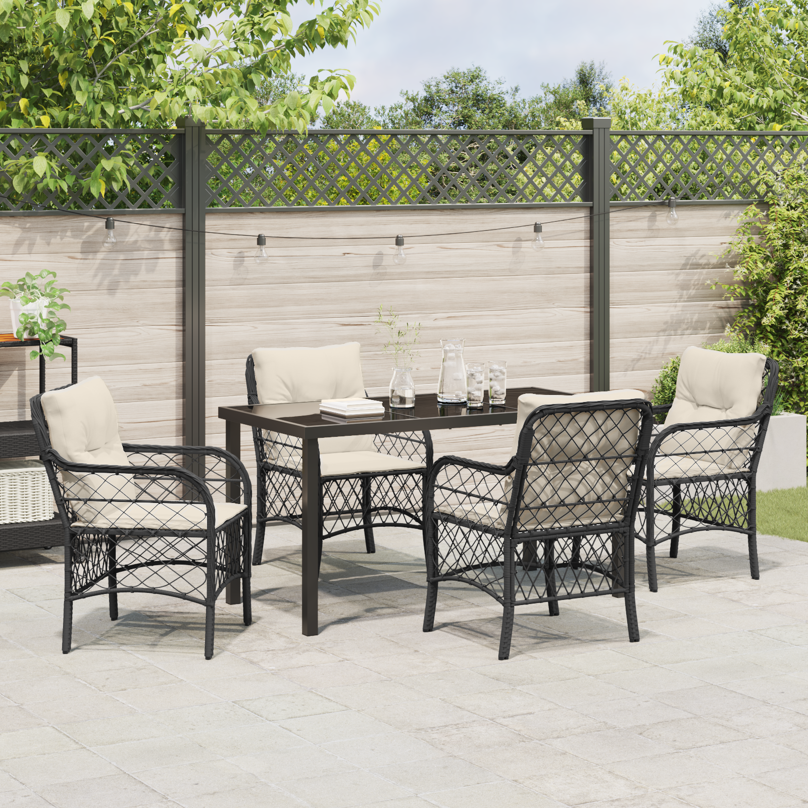 Set de dining pentru grădină cu perne Negre Poliratan GartenMobel Dekor