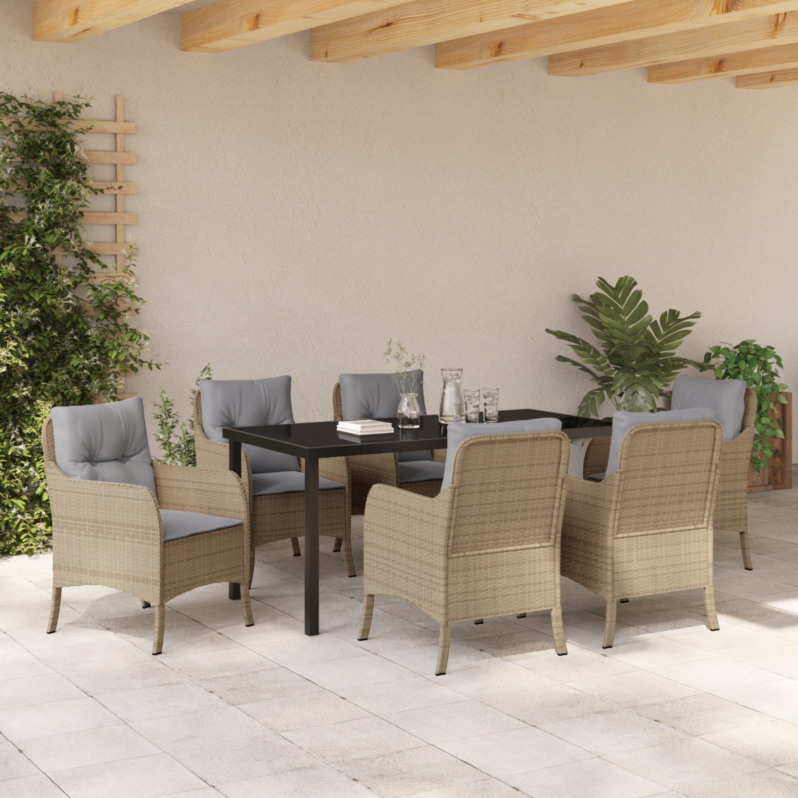 Set de mese de grădină cu 7 piese cu perne Bej din Rattan Poli GartenMobel Dekor