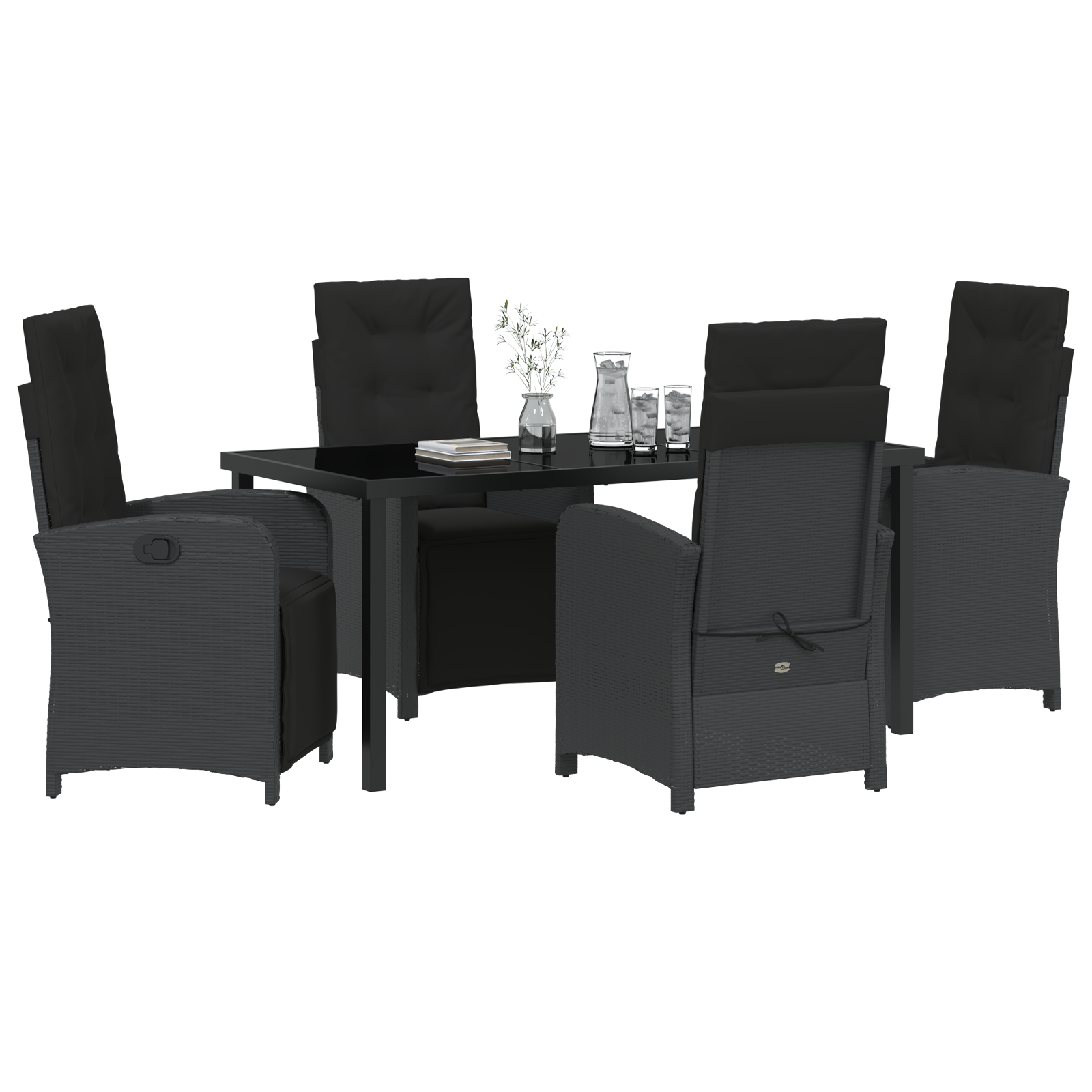 Set de dining pentru grădină  5 piese cu perne Ratan Polimeric Negru, Masa de grădină  Negru 160x80x73 cm Sticlă Temperată GartenMobel Dekor