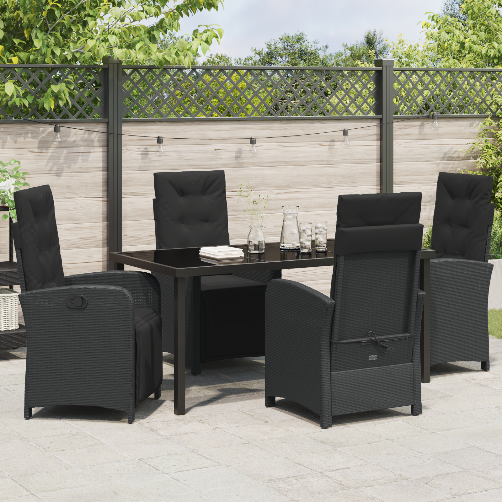 Set de dining pentru grădină  5 piese cu perne Ratan Polimeric Negru, Masa de grădină  Negru 160x80x73 cm Sticlă Temperată GartenMobel Dekor