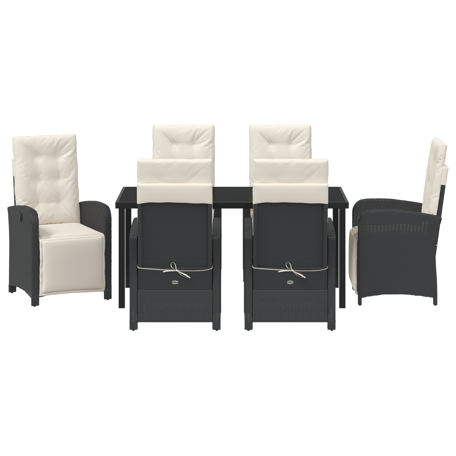 Set de dining pentru grădină  cu 7 piese și perne Negru Ratan Poli, Masă de grădină  Neagră 160x80x73 cm Sticlă Temperată GartenMobel Dekor