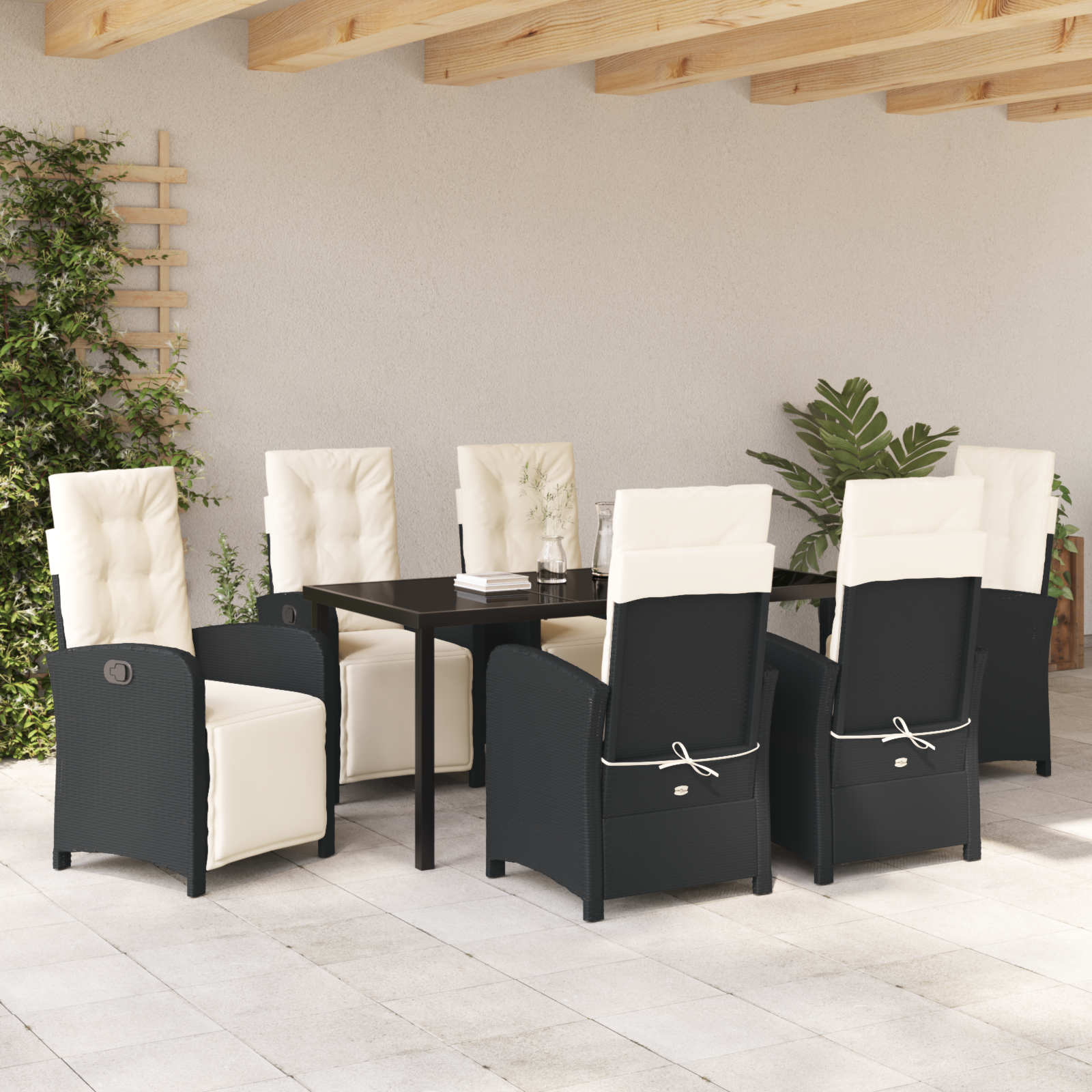Set de dining pentru grădină  cu 7 piese și perne Negru Ratan Poli, Masă de grădină  Neagră 160x80x73 cm Sticlă Temperată GartenMobel Dekor