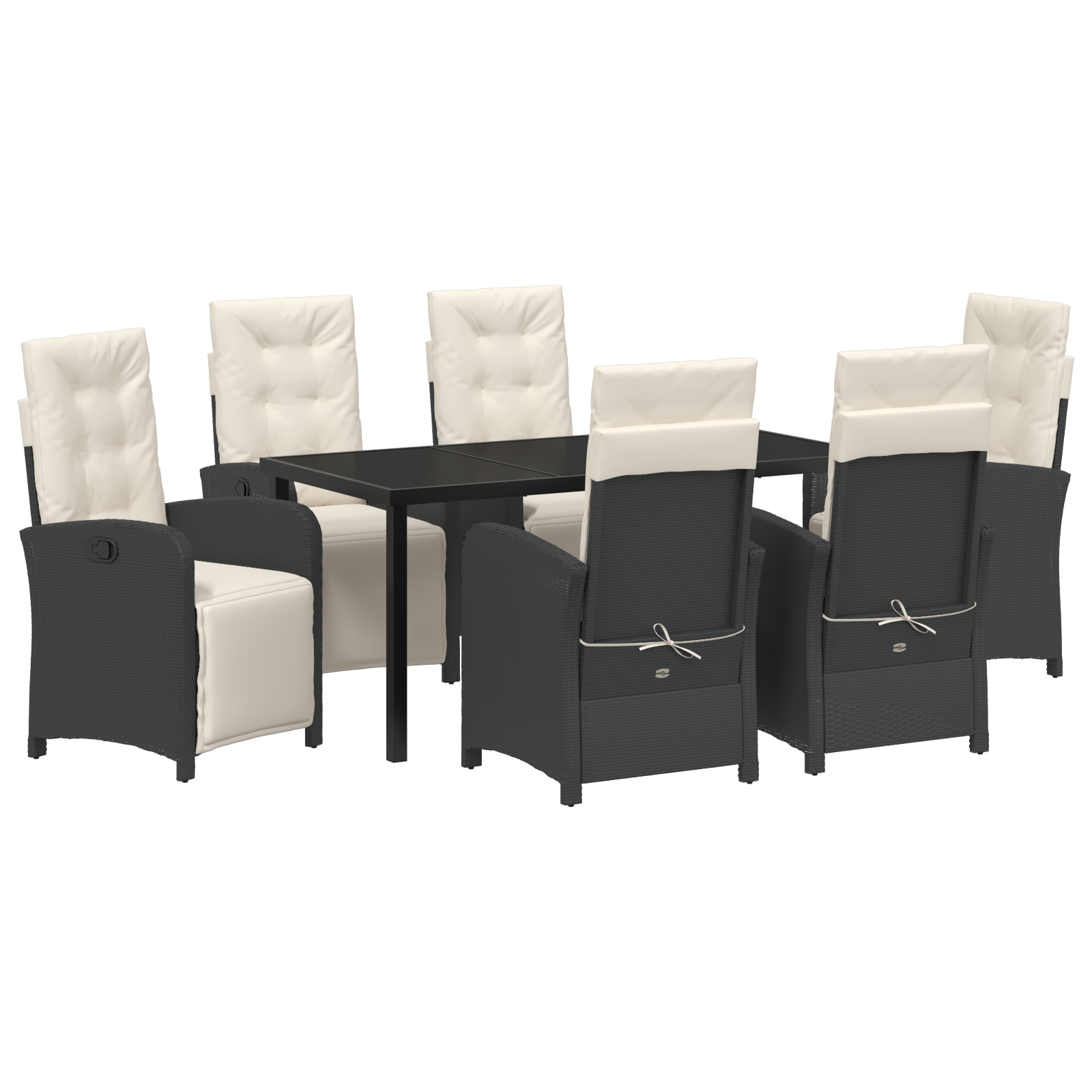 Set de dining pentru grădină  cu 7 piese și perne Negru Ratan Poli, Masă de grădină  Neagră 160x80x73 cm Sticlă Temperată GartenMobel Dekor