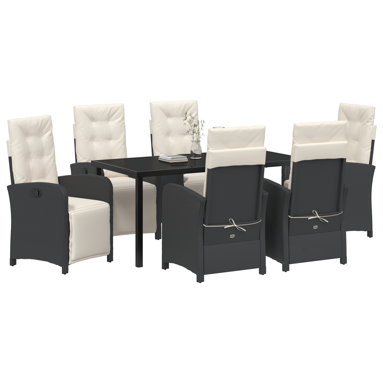 Set de dining pentru grădină  cu 7 piese și perne Negru Ratan Poli, Masă de grădină  Neagră 160x80x73 cm Sticlă Temperată GartenMobel Dekor