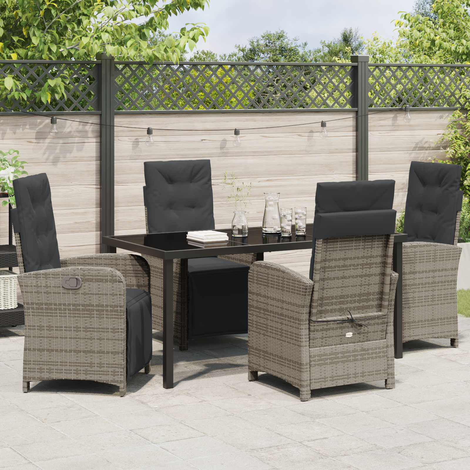 Set de masă pentru grădină cu 5 piese și perne gri din ratan poli, Masă de grădină  Neagră 160x80x73 cm Sticlă securizată GartenMobel Dekor
