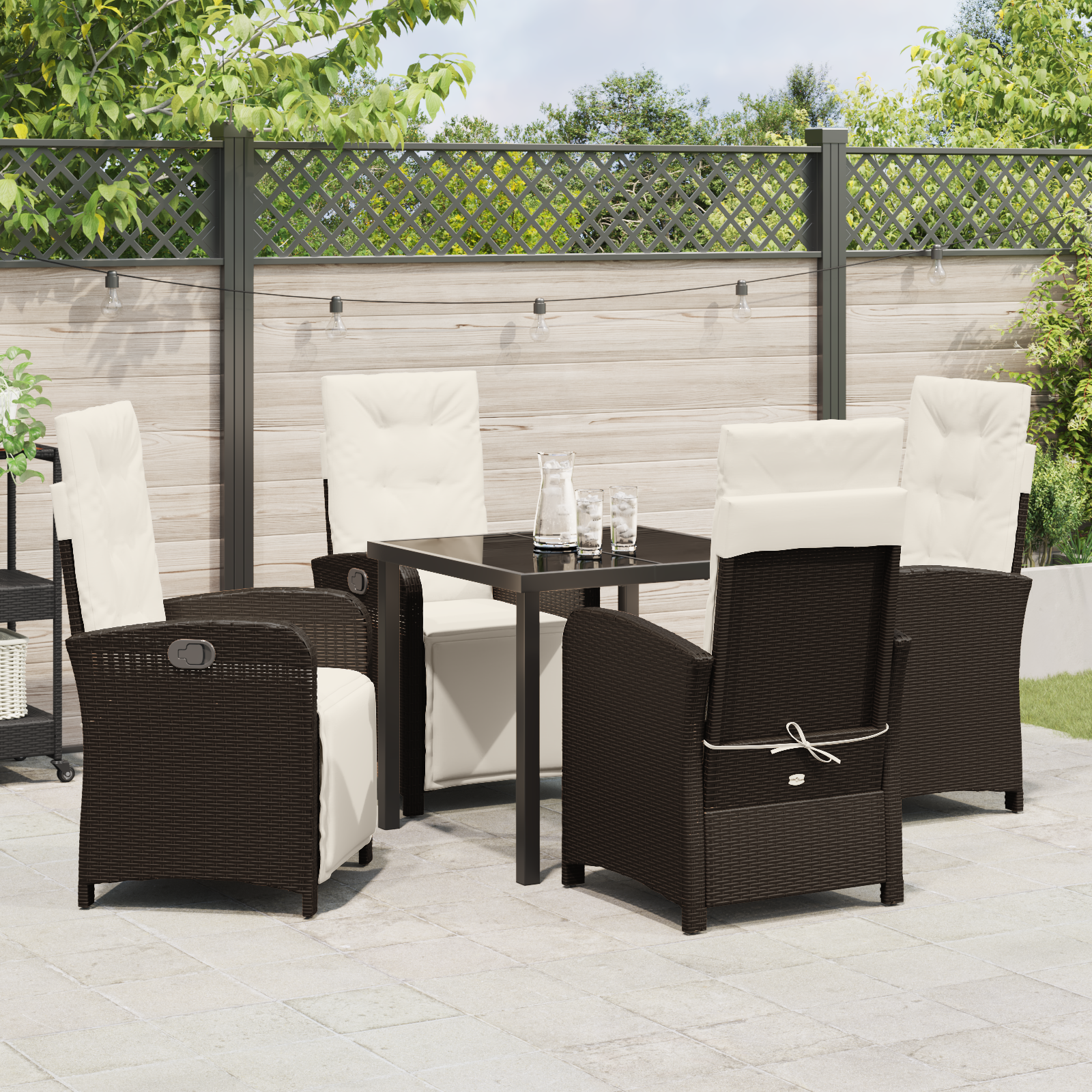 Set Masă 5 Piese Grădină cu Perne Ratan Maro, Masă Grădină  Neagră 80x80x73 cm din Sticlă Siguranță GartenMobel Dekor