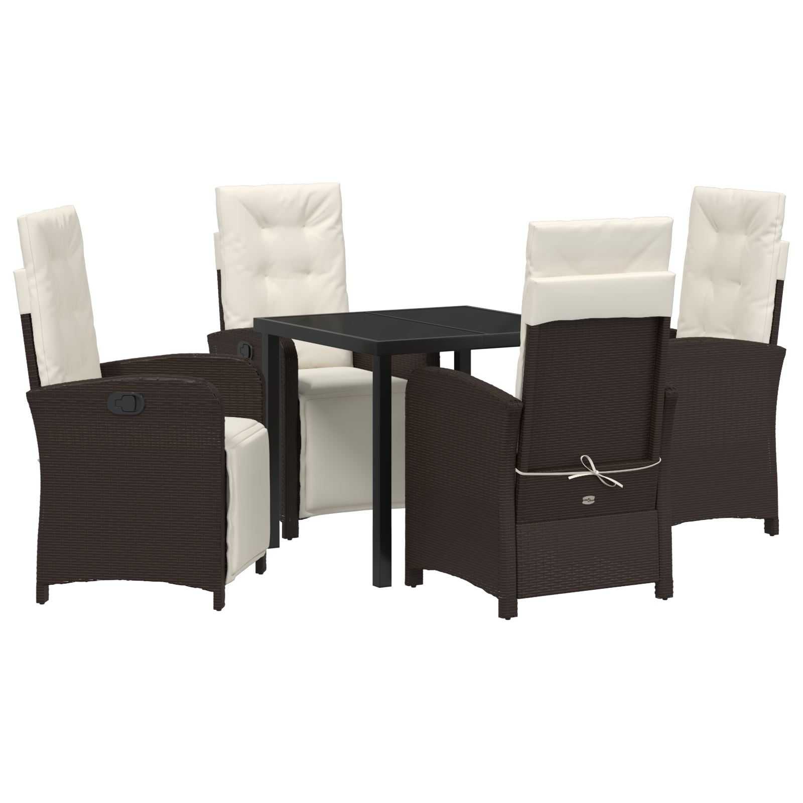Set Masă 5 Piese Grădină cu Perne Ratan Maro, Masă Grădină  Neagră 80x80x73 cm din Sticlă Siguranță GartenMobel Dekor
