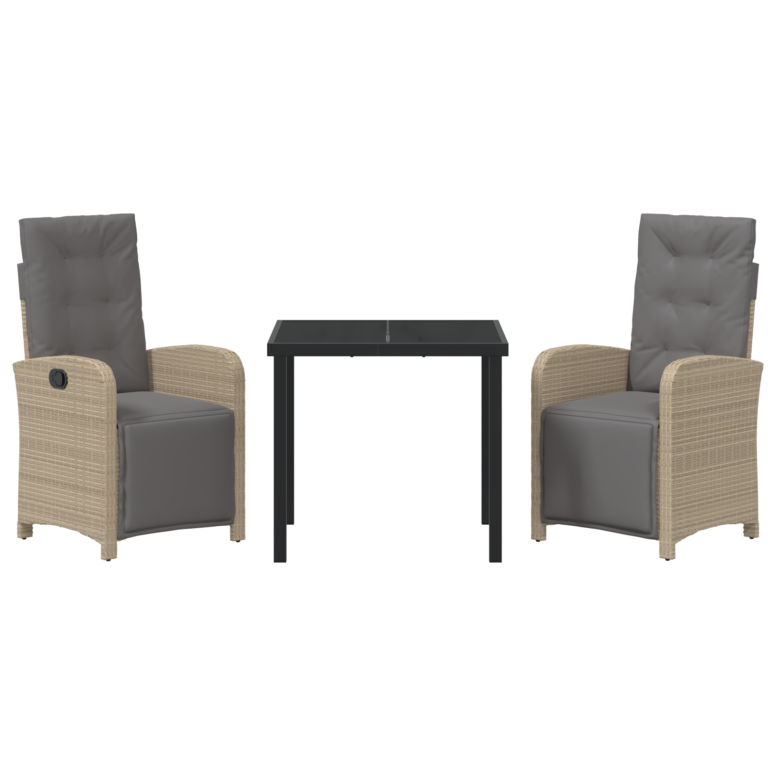 Set de Masă pentru Grădină cu 3 Piese și Perne Ratan Poli Bej, Masă pentru Grădină Neagră 80x80x73 cm Sticlă Temperată GartenMobel Dekor