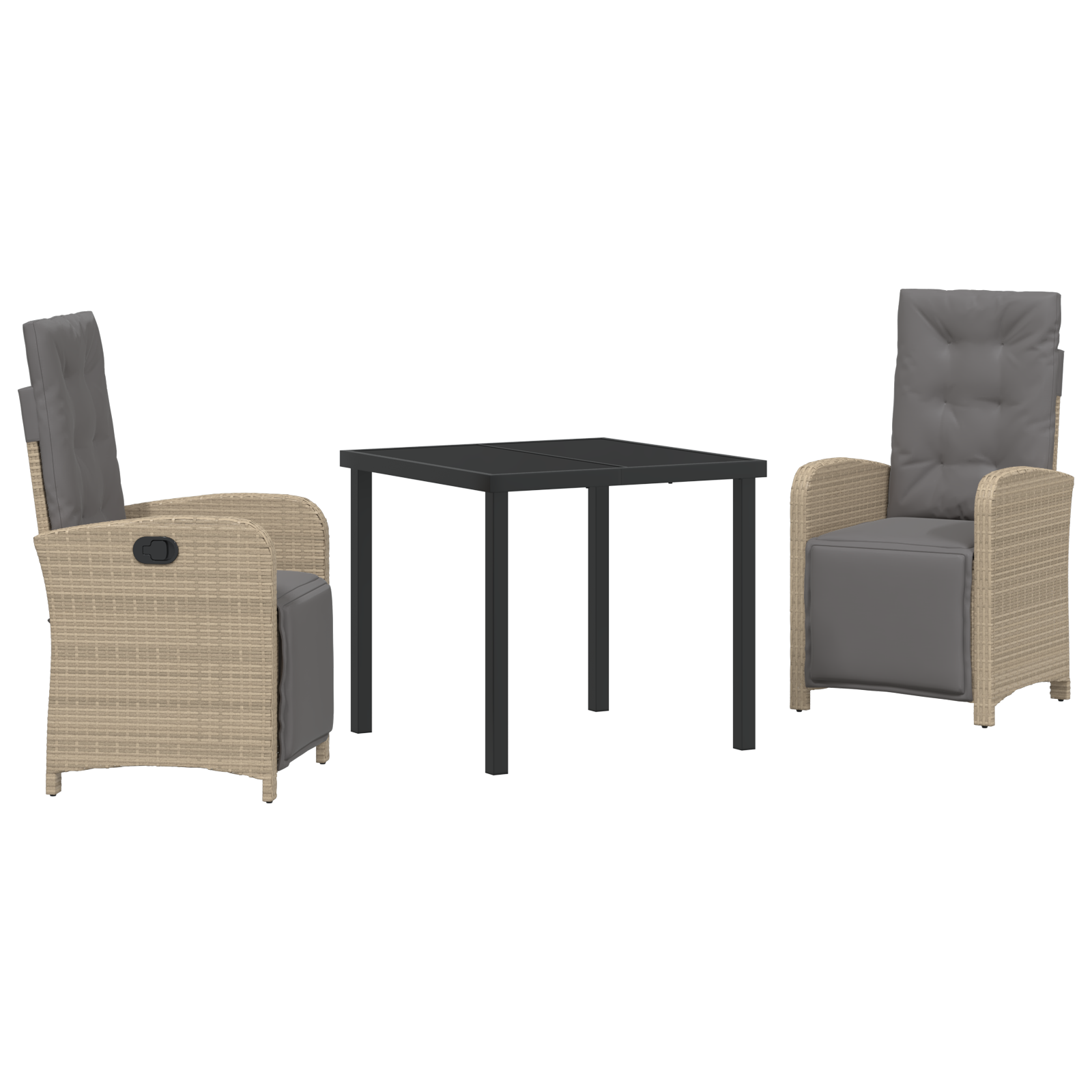 Set de Masă pentru Grădină cu 3 Piese și Perne Ratan Poli Bej, Masă pentru Grădină Neagră 80x80x73 cm Sticlă Temperată GartenMobel Dekor