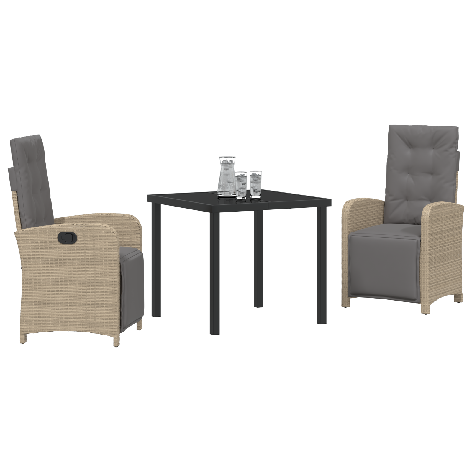Set de Masă pentru Grădină cu 3 Piese și Perne Ratan Poli Bej, Masă pentru Grădină Neagră 80x80x73 cm Sticlă Temperată GartenMobel Dekor