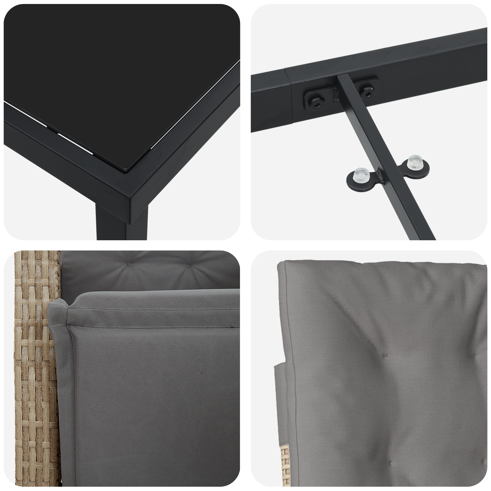 Set de Masă pentru Grădină cu 3 Piese și Perne Ratan Poli Bej, Masă pentru Grădină Neagră 80x80x73 cm Sticlă Temperată GartenMobel Dekor